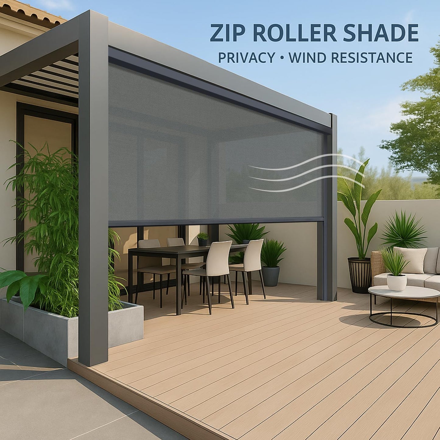 ZSHINE Hard-Wired Outdoor Weatherproof Motorized Patio Roller Shades Remote Control for Porch Balcony Customized Size (Grey 5% Openness)