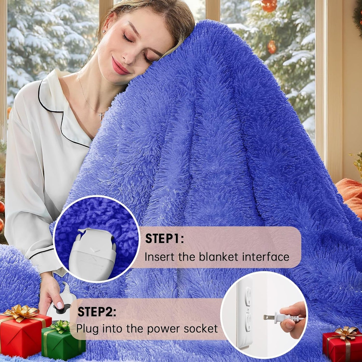 Heated Electric Blanket Throw–Faux Fur with Soft Thick Sherpa,Warm Winter Birthday Gifts for Women Grandma，10 Heat Settings,5 Time Settings with Fast Heating, 50x60, Glacier Blue