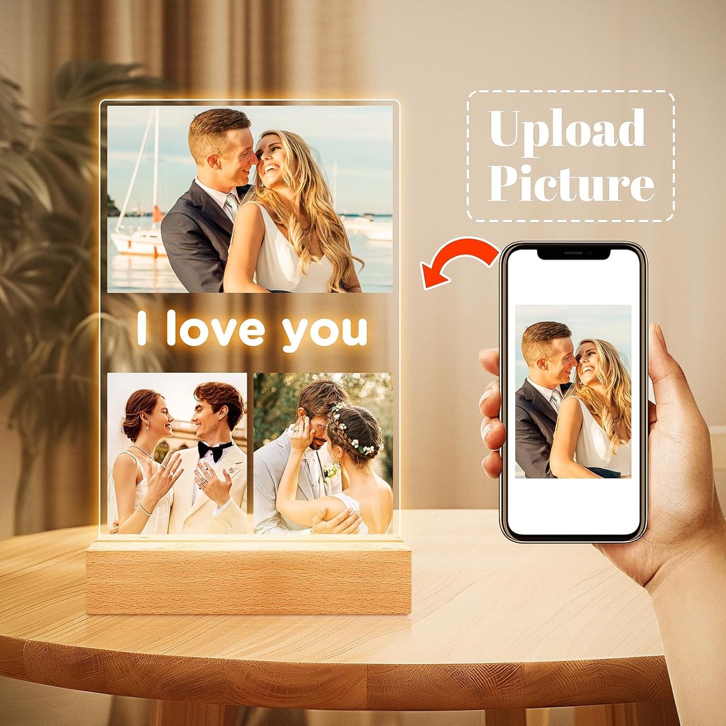 Custom Picture Frames with Photo, Personalized Photo Frame with Night Light, Customized Gifts for Girlfriend Boyfriend, Personalized Anniversary Valentines Day Gifts for Women Men Her Him Couple