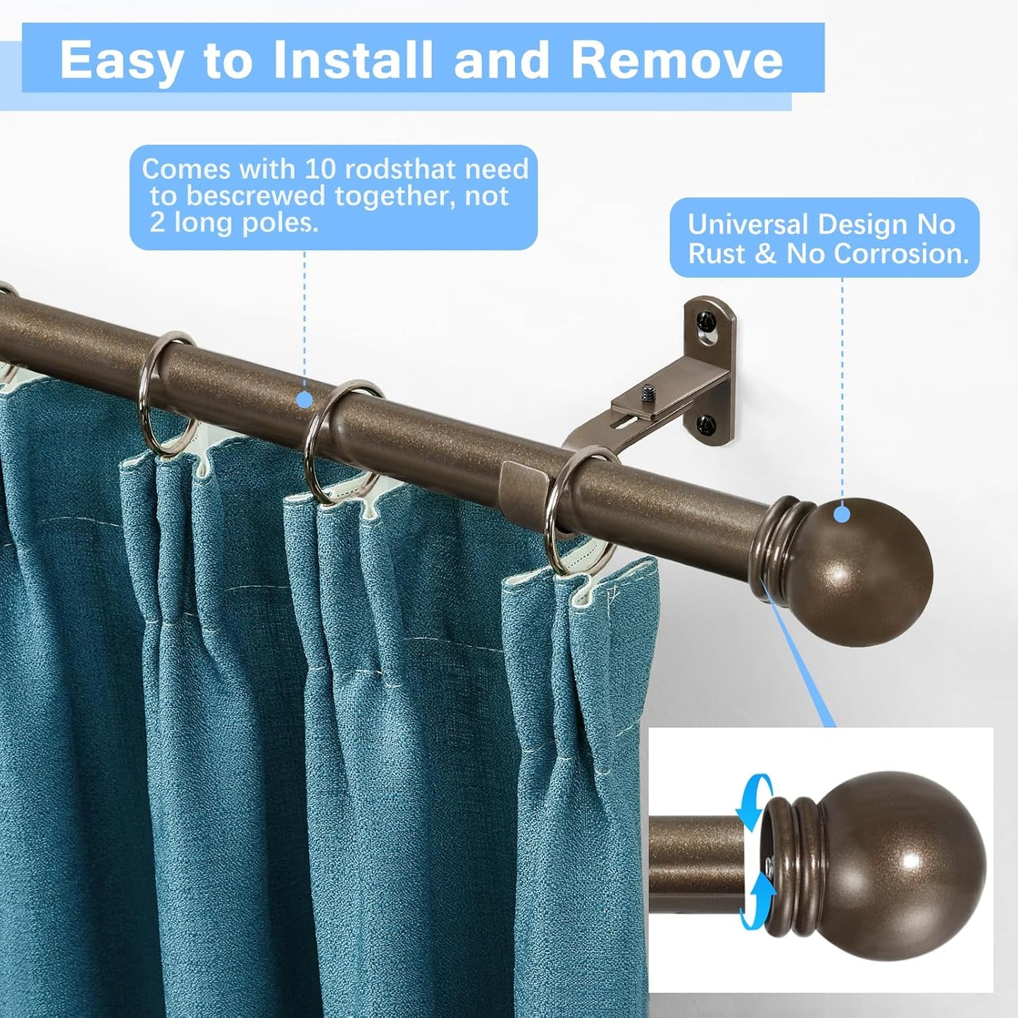Curtain Rods for Windows 16 to 150 Inches, Curtain Rod Max Adjustable Length of 160 IN, 6/8" Diameter Drapery Rods Round Finials, Brown, Pack of 1