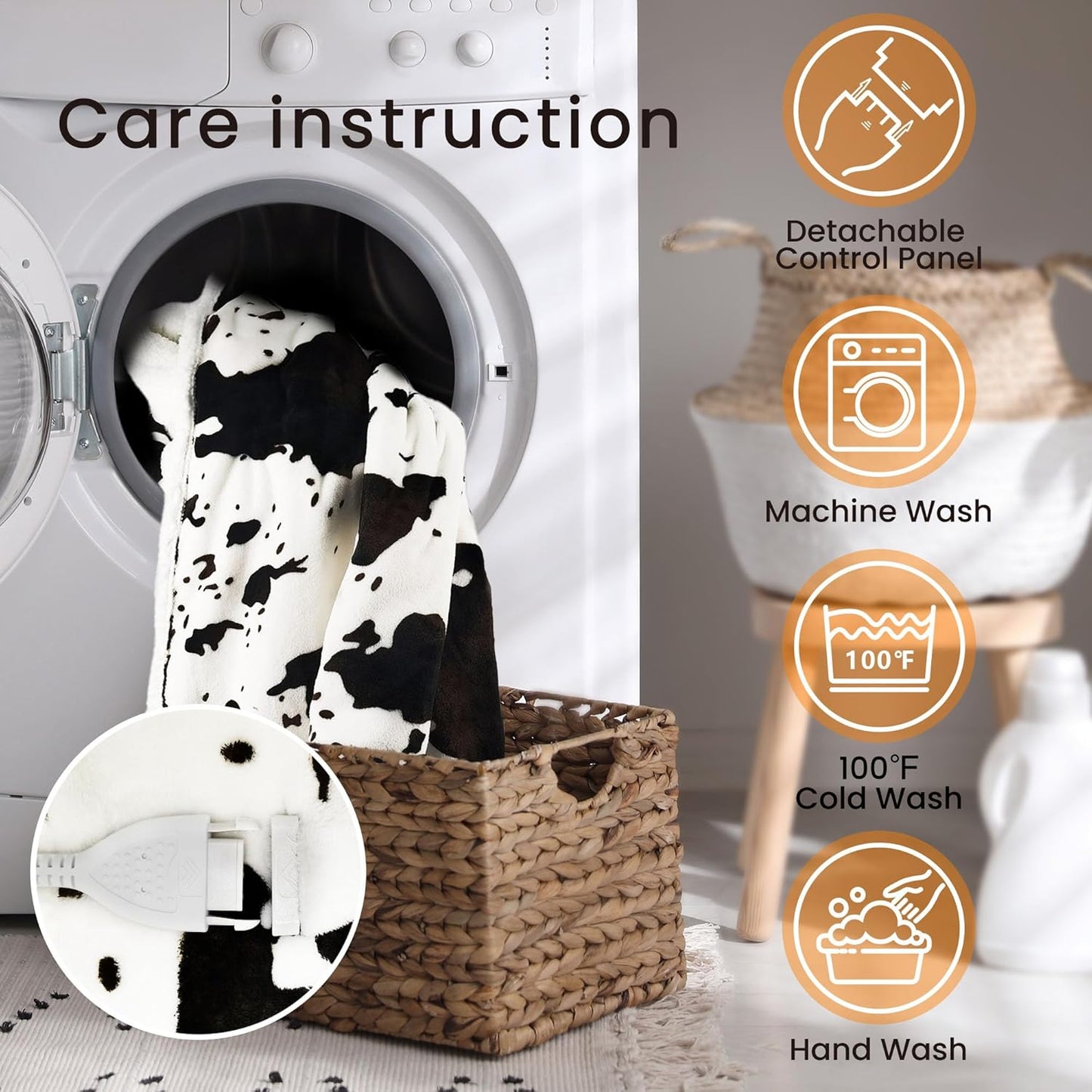 Cow Print Electric Heated Blanket Queen-Dual Control Heating Blanket Queen Size with 10 Heat Levels & 10 Hours Auto-Off, Cozy Soft Fleece Sherpa, Washable, 84x90 Inches Cow Print White