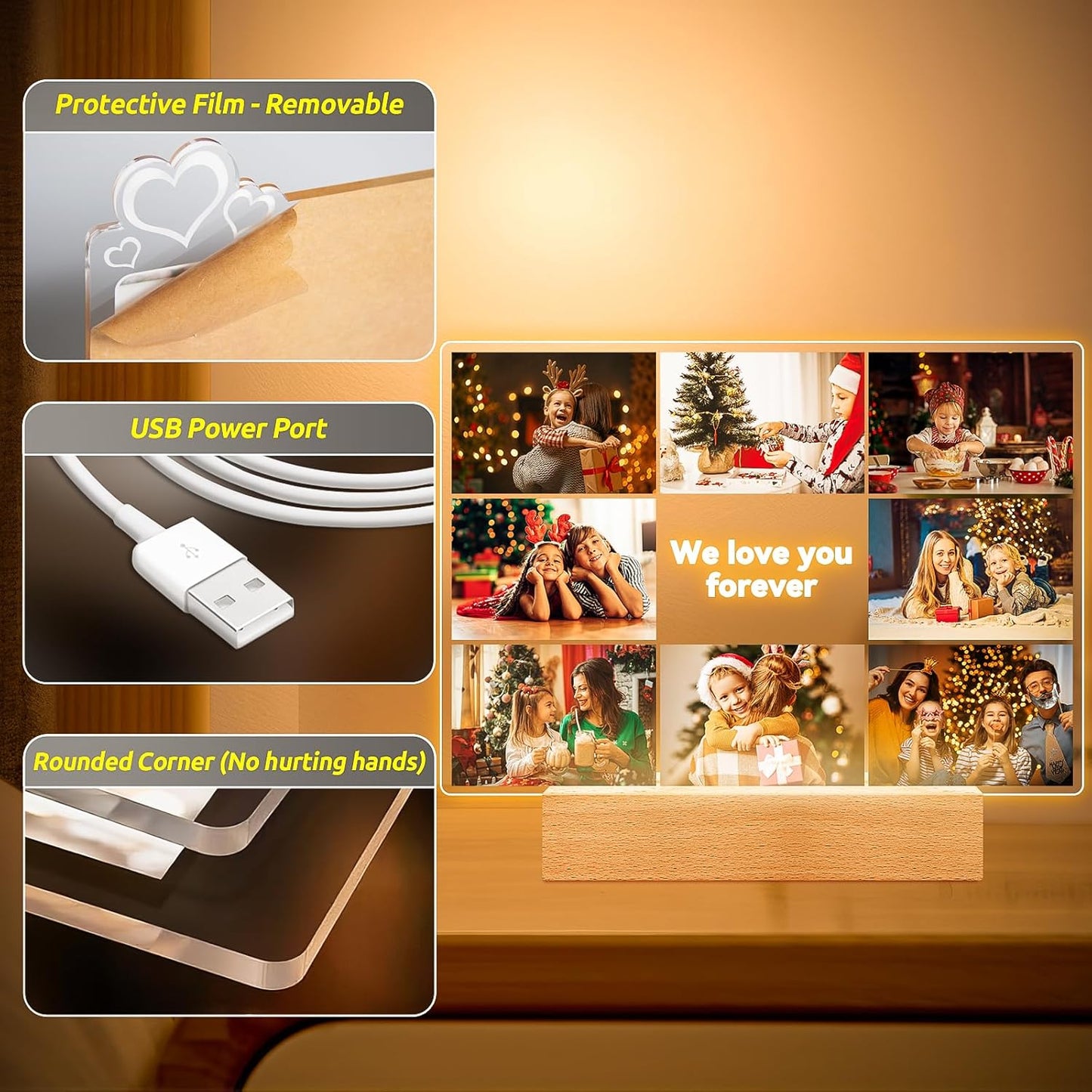 Custom Picture Frames with Photos, Personalized Photo Picture Frame, Customized Photo Frame with Night Light, Personalized Christmas Photo Gifts for Women, Men, Mom, Dad, Kids, Baby, Family, Friends