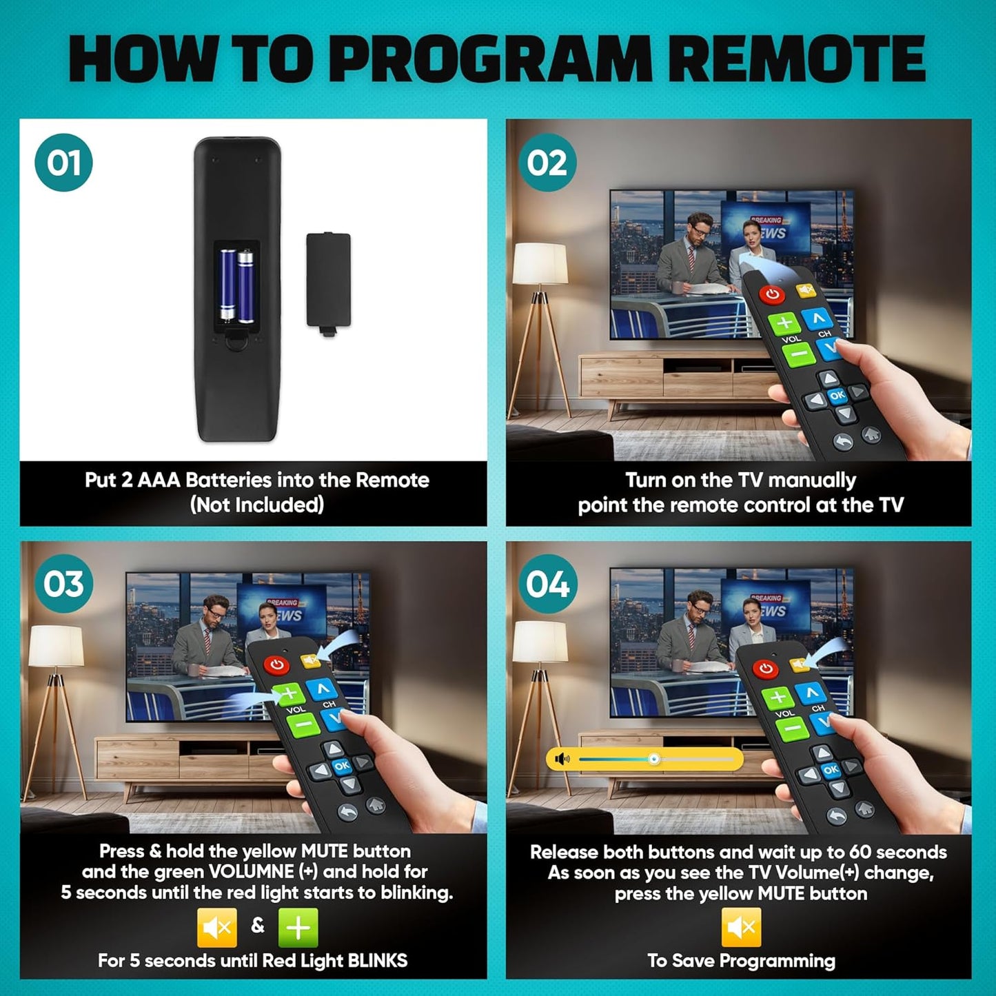 Big Button Universal TV Remote (Black) Simple Easy to Use, Great for Seniors, Works with Major TV Brands (2xAAA Batteries Not Included)