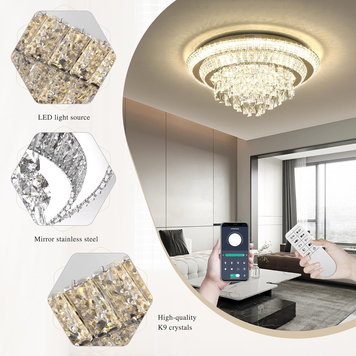 COCOSTAR 24 inch Flush Mount Crystal Chandeliers with Remote and APP, Modern Elegant LED Crystal Raindrop Ceiling Light Fixture, 3CCT Dimmable, for Living Room Kitchen Island Bedroom Entryway Foyer