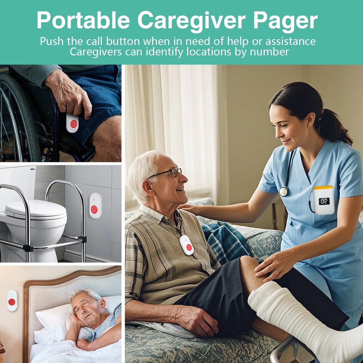 Caregiver Pager Wireless Call Button for Elderly Monitoring Vibration Call Bell Medical Alert System with Digital Display for Elderly/Patient/Disabled at Home/Hospital/Clinic