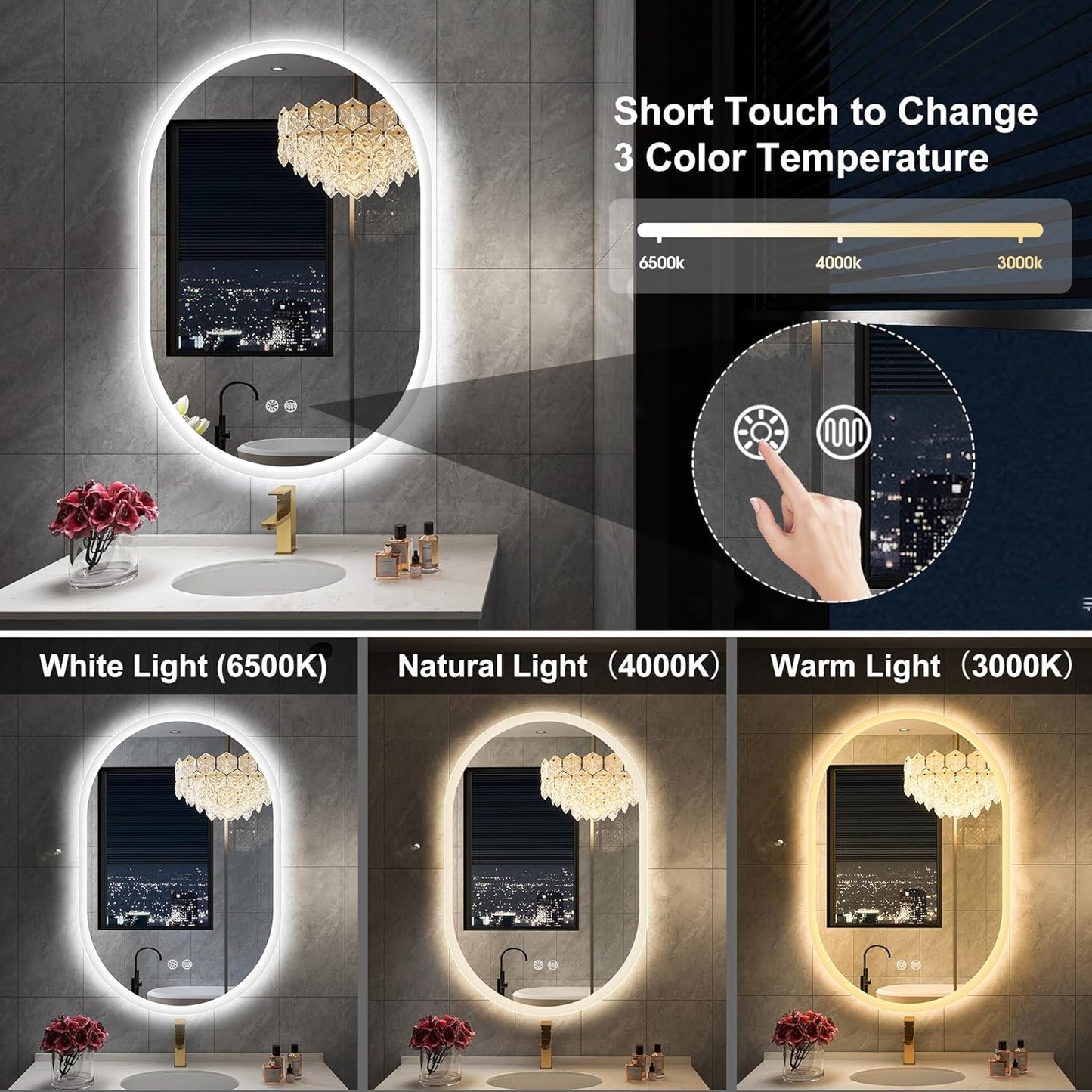 S'bagno 20x36 Inch Oval LED Mirror for Bathroom with Front and Backlight, Anti-Fog, 3 Colors Temperature & Dimmable, Bathroom Mirror with Lights with Memory Function, Waterproof, Shatter-Proof