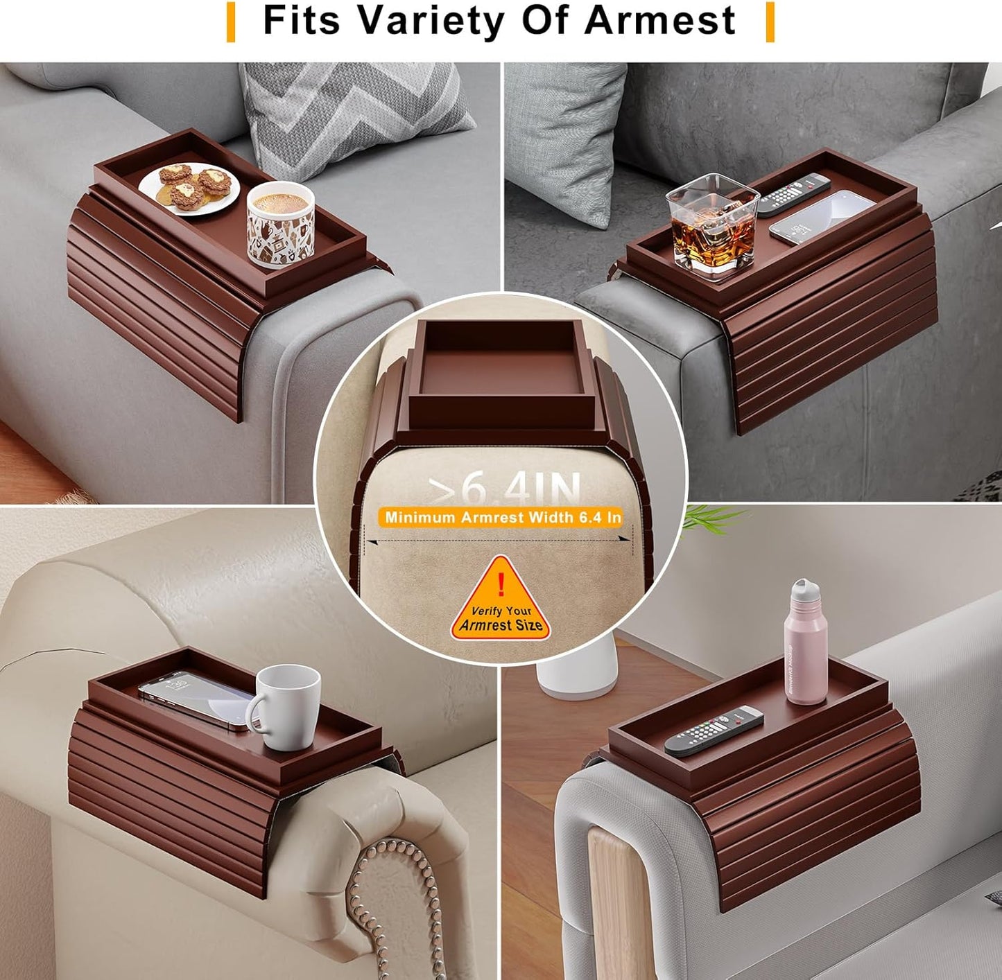 Bamboo Sofa Armrest Tray Table for Couch - 2-in-1 Foldable Couch Arm Table with Be Slide Detachable Tray- Anti-Slip Sofa Armchair Caddy for Drinks Cellphone TV Remote Snacks(Walnut)