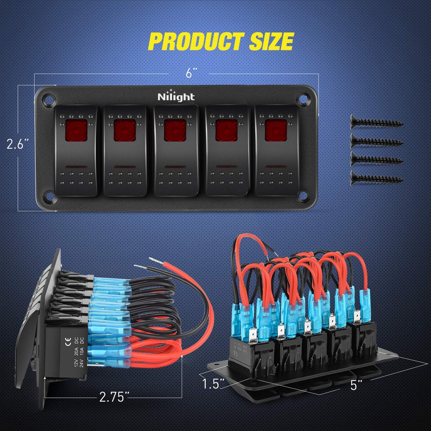 Nilight 5 Gang Rocker Switch Panel 5Pin On Off Toggle Aluminum Holder 12V 24V Dash Pre-Wired Red Backlit Switches for Automotive Cars Marine Boats RVs Truck