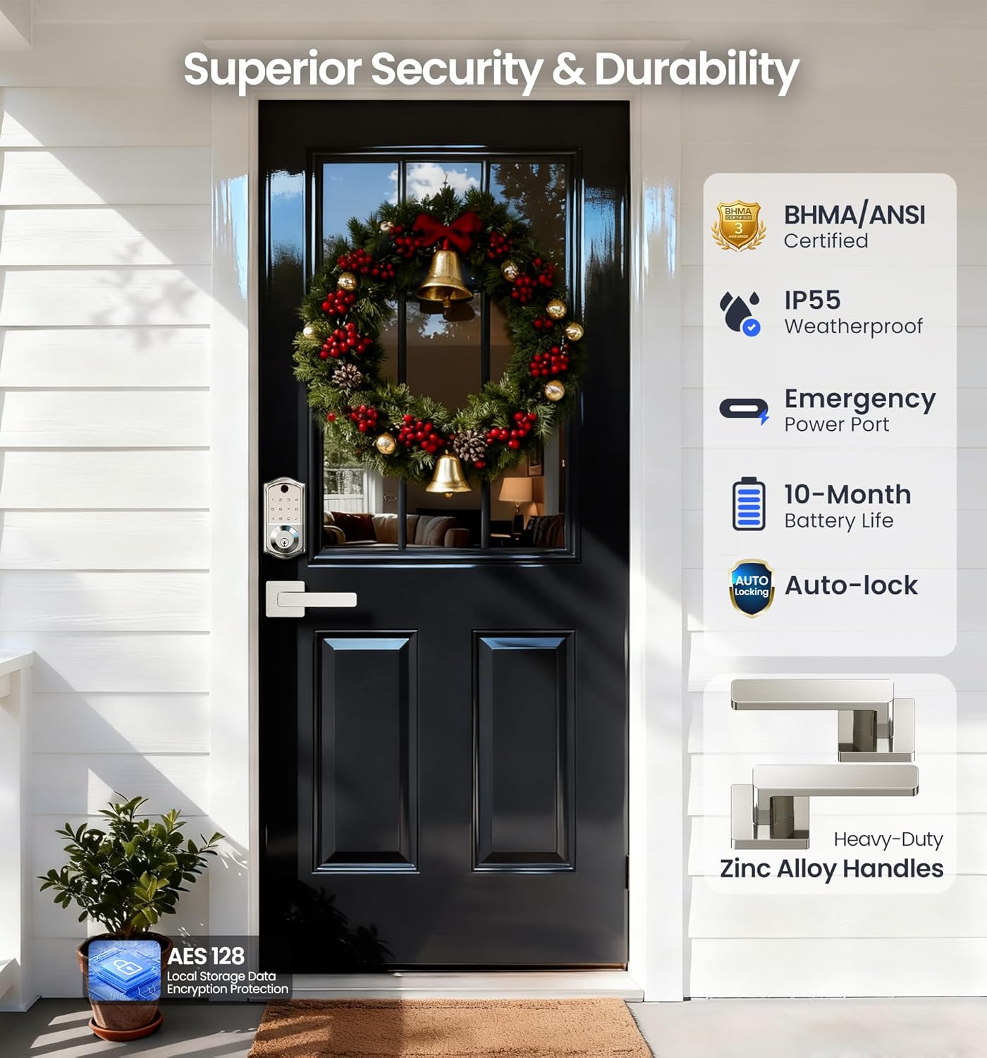 Veise VE017-B Fingerprint Smart Lock for Front Door, App Control, 7-in-1 Keyless Entry Deadbolt with 2 Zinc Alloy Lever Handles Set, Emergency Power Port, Auto Lock, Electronic Keypad, Satin Nickel