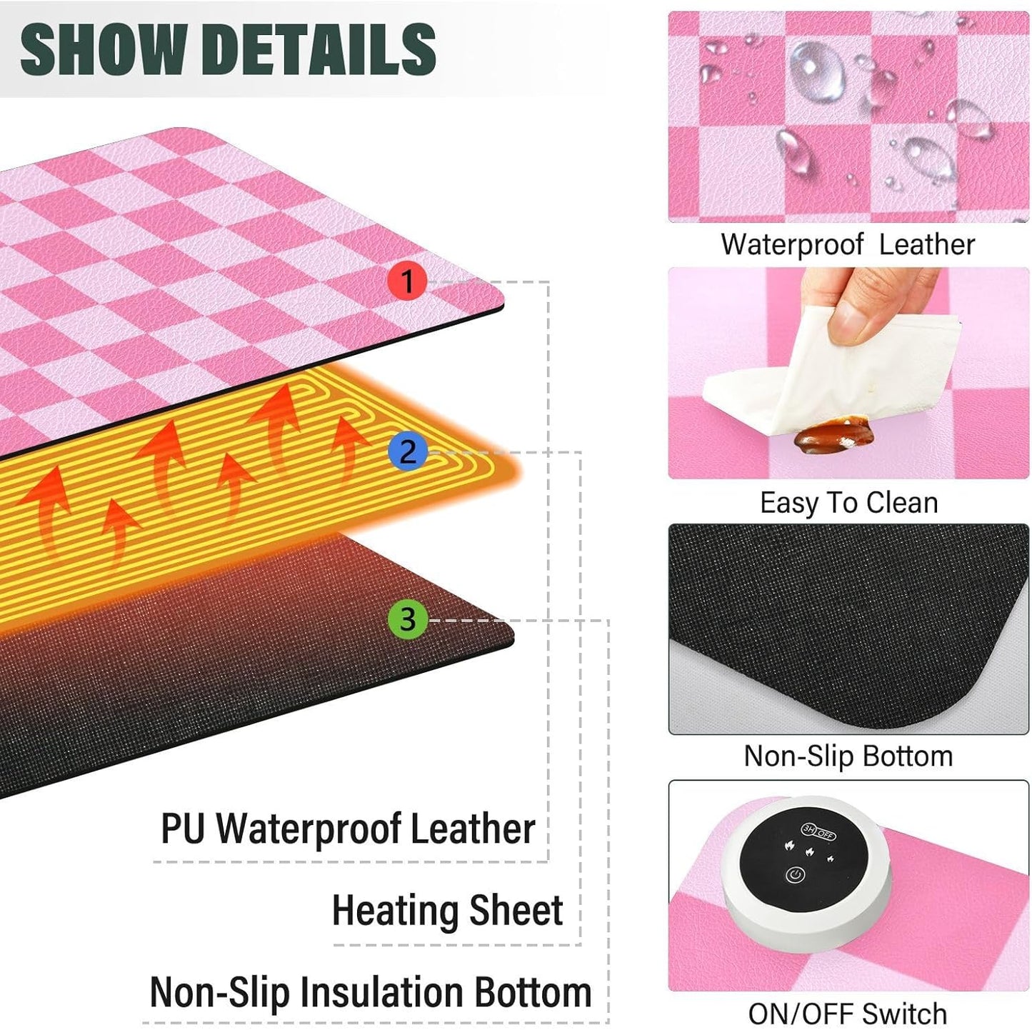 Checkered Pink Heated Desk Pad Mouse Pad 31.5x13 Inch PU Leather Desk Mat with 3 Heat Levels Large Mouse Gaming Computer Laptop Mat
