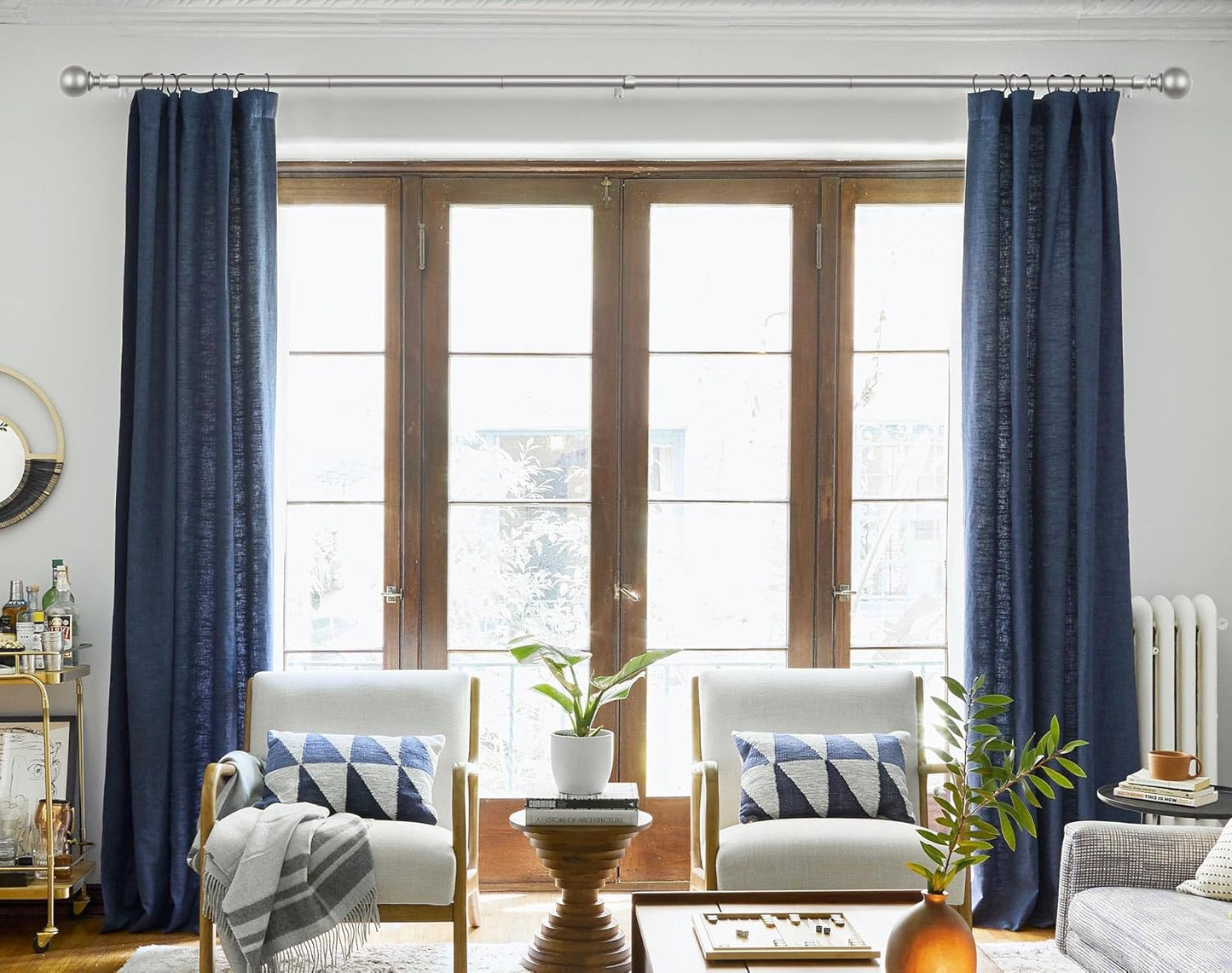 KAMANINA Long Curtain Rods for Windows 72 to 144 Inches, Silver Curtain Rod 32 to 144 Inches (2.6-12ft), 7/8 Inch Decorative Drapery Rods with Round Finials