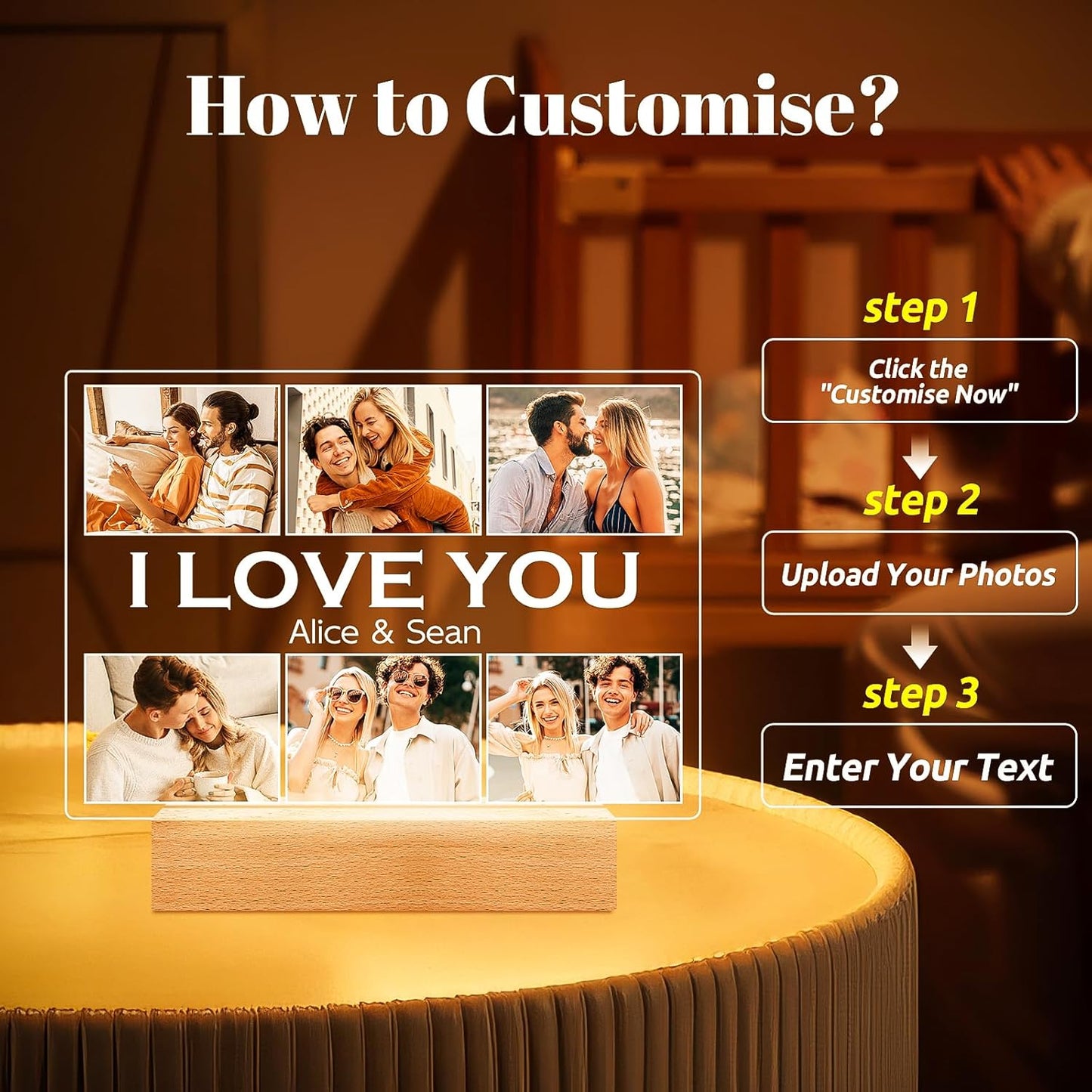 Personalized Picture Frame with Photo, Customized Photo Frame with Night Light, Custom Picture Frames, Personalized Anniversary Valentines Day Gifts for Women Men Her Him Girlfriend Boyfriend Couple