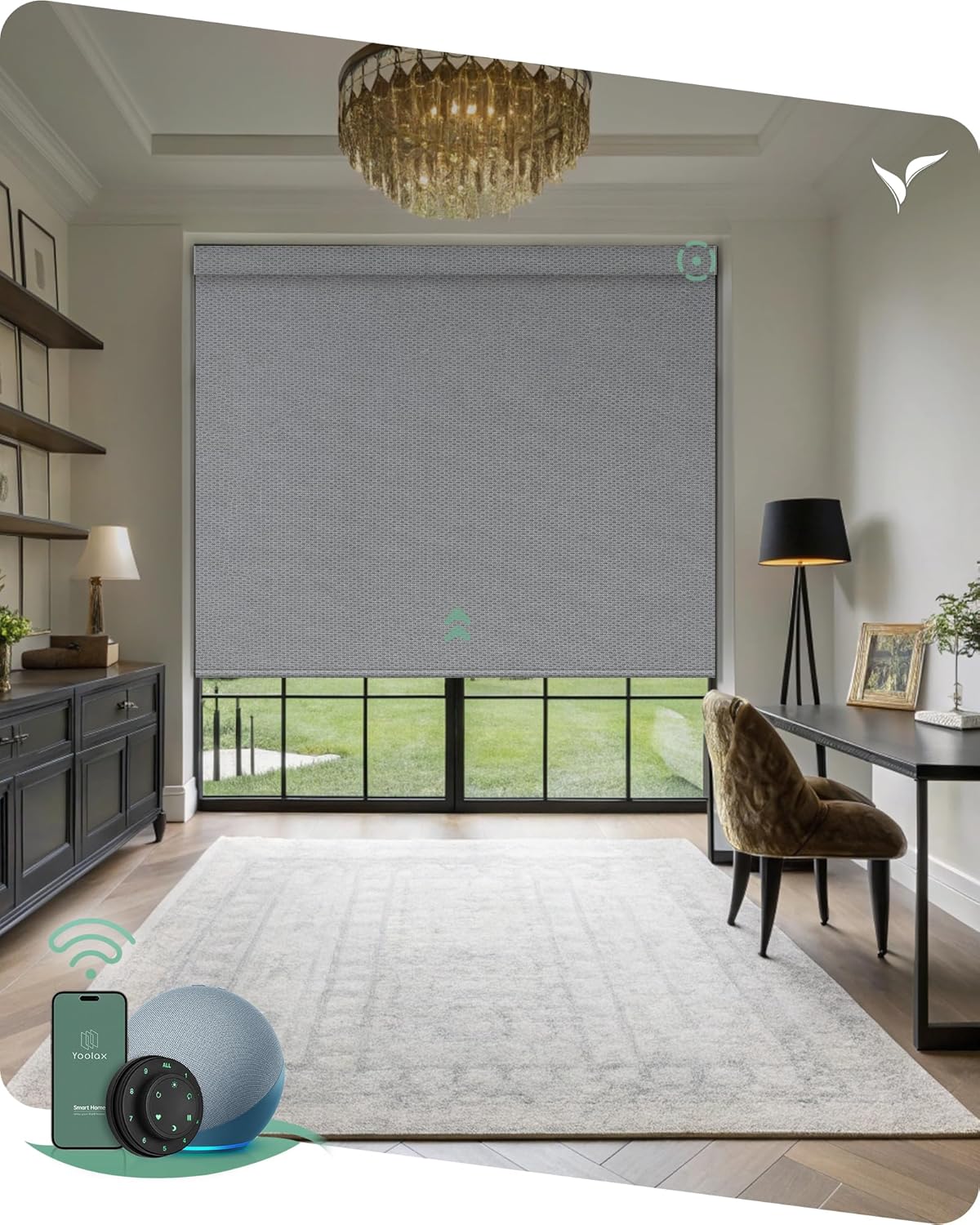 Yoolax Motorized Blinds with Remote, Smart Blinds for Windows Blackout Automatic Shades Compatible with Alexa Remote Control Roller Window Shades with Valance, Custom Size (V-Jungle Grid Light Gray)