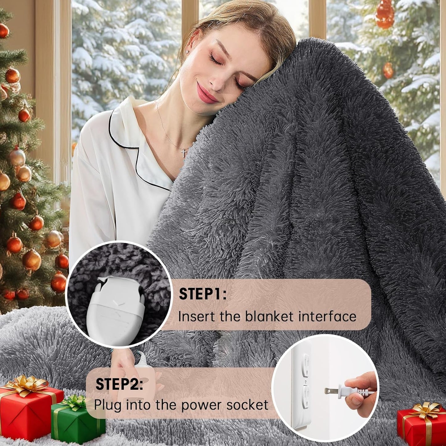 Heated Electric Blanket Throw–Faux Fur with Soft Thick Sherpa,Warm Winter Birthday Gifts for Women Grandma，10 Heat Settings,5 Time Settings with Fast Heating, 50x60, Foggy Dusk
