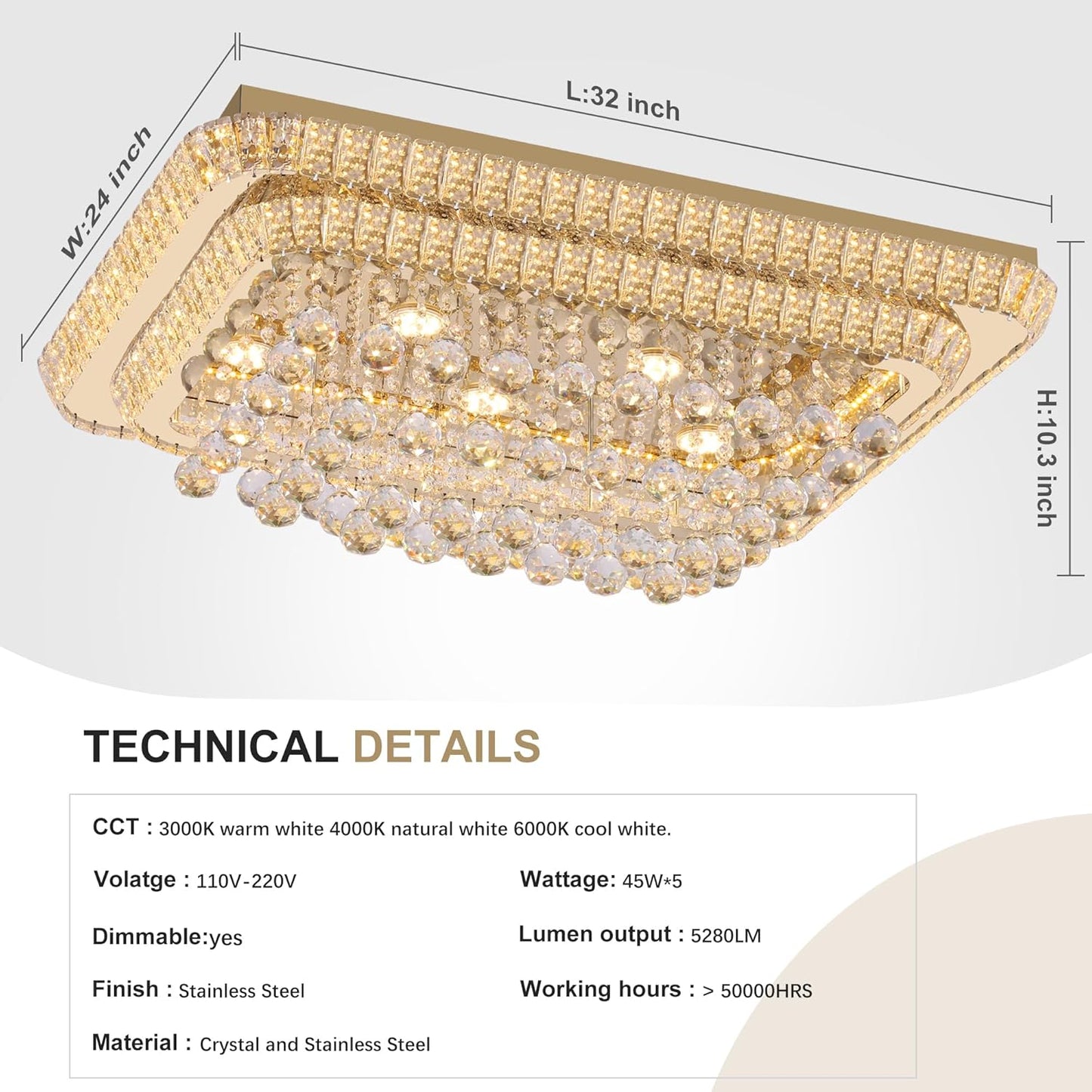 32 inch Crystal Flush Mount Gold Chandelier Remote/APP, Modern Raindrop LED Ceiling Light, 3CCT Dimmable & Brightness Adjustable,Elegant Chandeliers for Bedroom Hallway Dinning Room Living Room