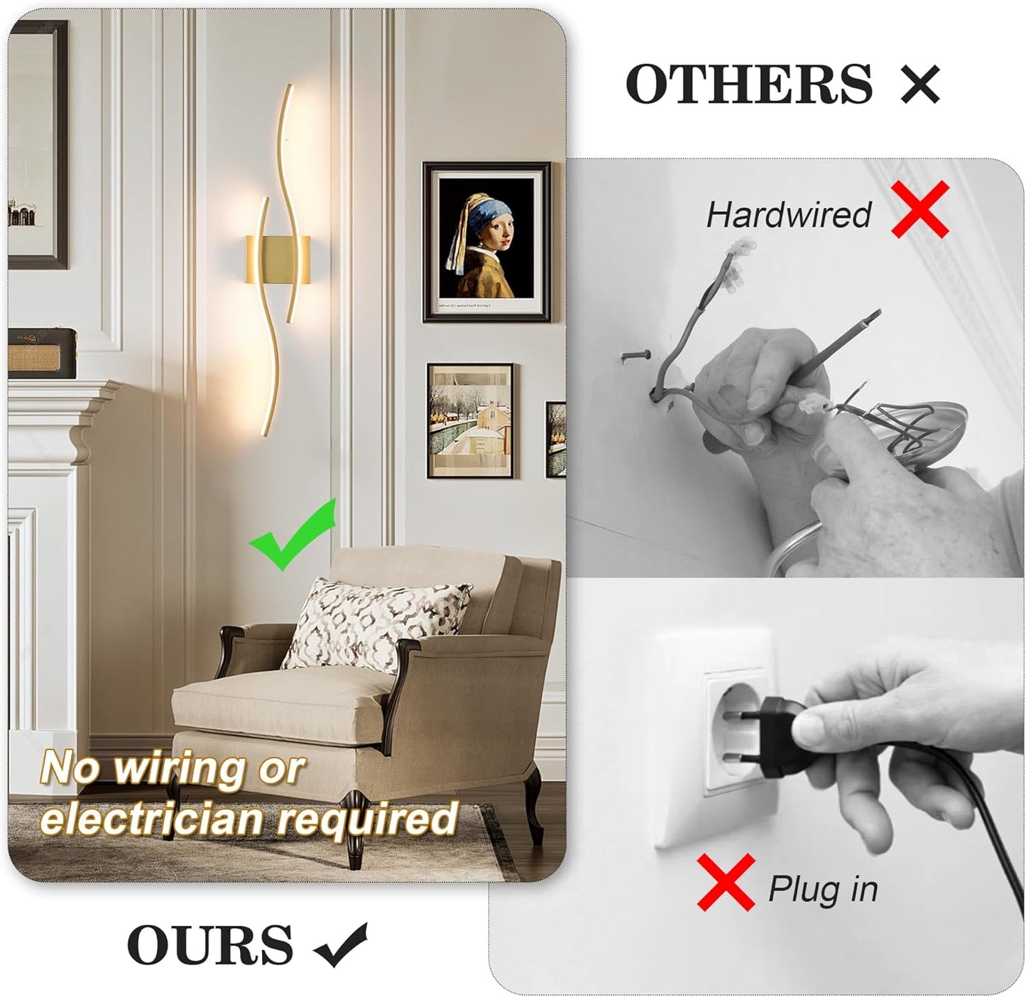 Battery Operated Wall Sconces Set of Two with Remote Control, Dimmable/3 Colors/Night-Light/Timer/Memory, Gold Modern Wireless LED Sconce for Living Room, Hallway, Bedroom, 31.4 Inch (2 Pack)