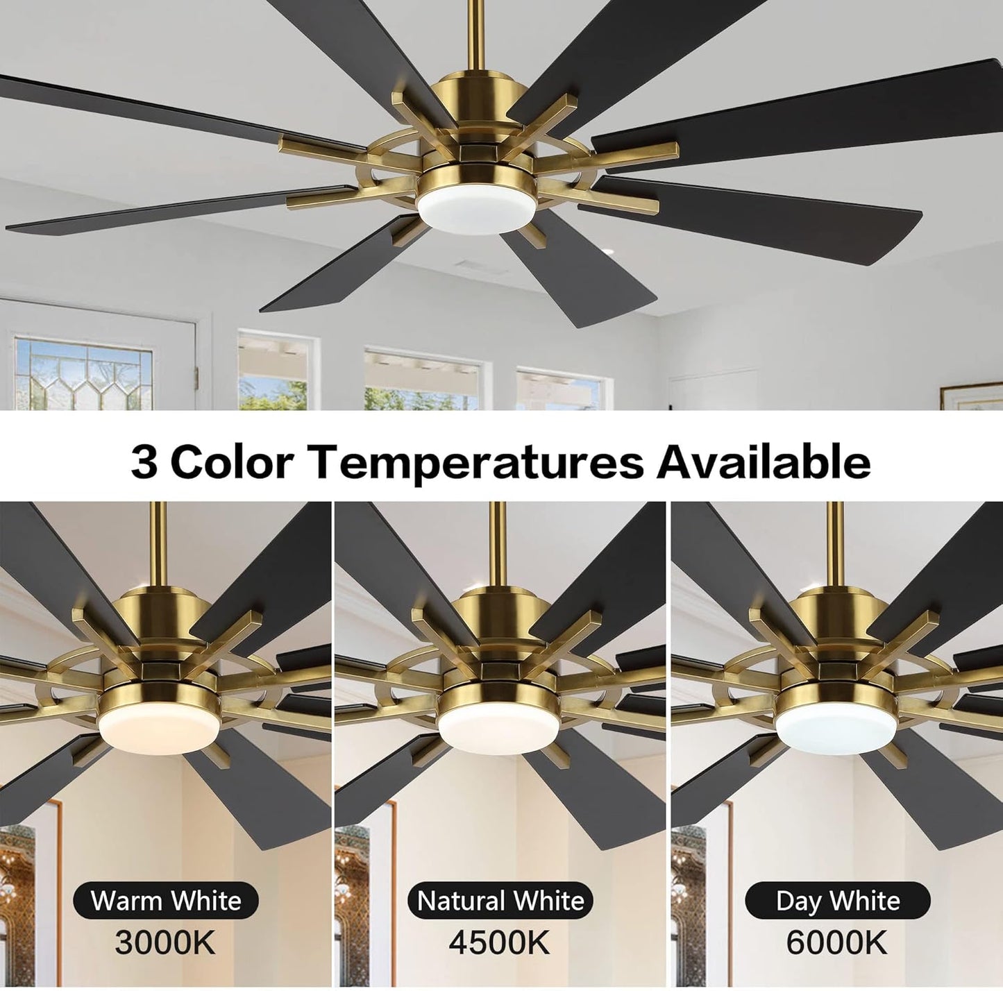 WINGBO 72" DC Ceiling Fan with Lights and Remote, Gold and Black Ceiling Fan w/ 3 Downrods, 8 Plywood Blades, 6-Speed Reversible DC Motor, Modern Ceiling Fans Indoor for Kitchen Bedroom Living Room