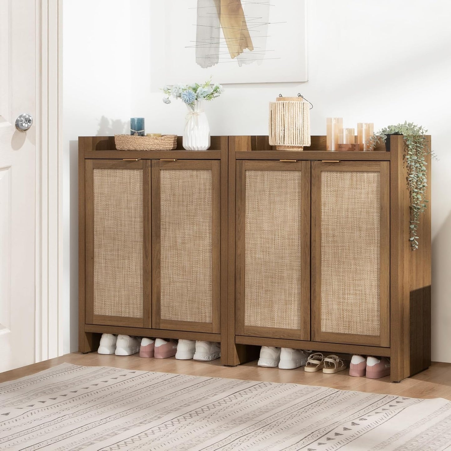 SICOTAS Shoe Cabinet Set of 3, Large Capacity Shoe Storage Organizer Cabinet, Tall Rattan Shoe Cabinet with Doors and Shelves, 6-Tier Farmhouse Boho Wooden Storage Cabinet for Entryway Hallway