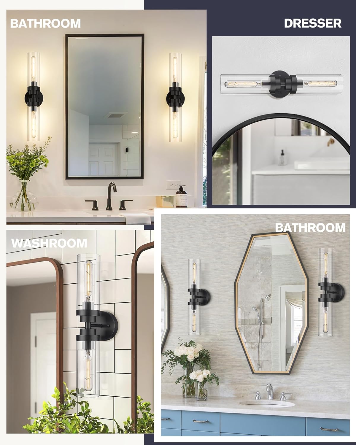 Emak 2 Light Black Vanity Lights for Bathroom,22 Inch Bathroom Light Fixtures Modern Wall Sconces with Clear Glass Shade for Bath, Bedroom, Hallway, VL085-BK-2
