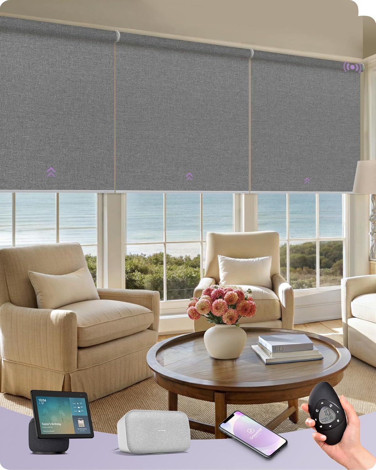 Graywind Smart Coupled Roller Shades Compatible with Alexa Google Custom Size Extra Large Motorized Blinds for Windows(Weaving Cloud)
