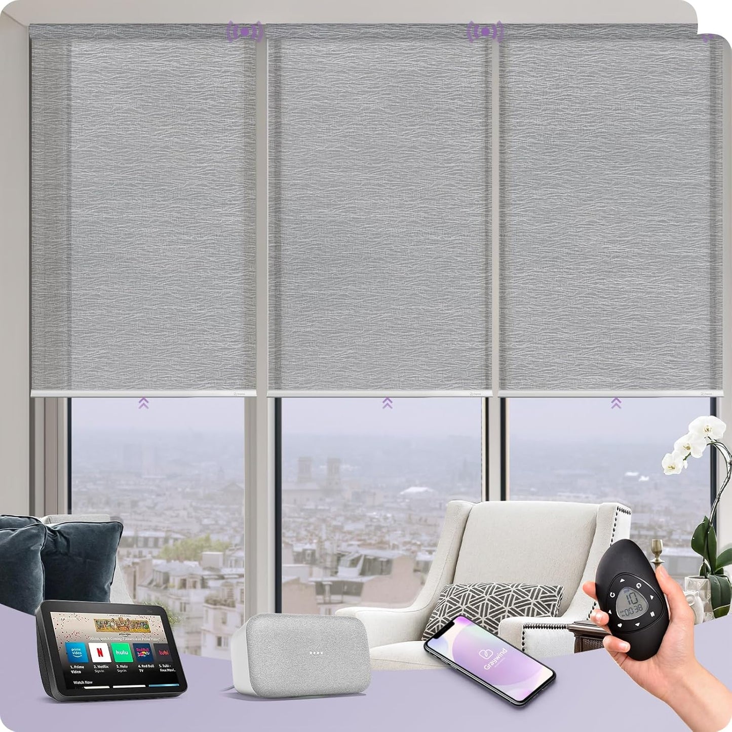 Graywind Motorized Light Filtering Shades Compatible with Alexa Google Rechargeable Remote Control Smart Blinds Automatic Window Shade with Valance for Home Office, Custom Size (Mixwave Grey)