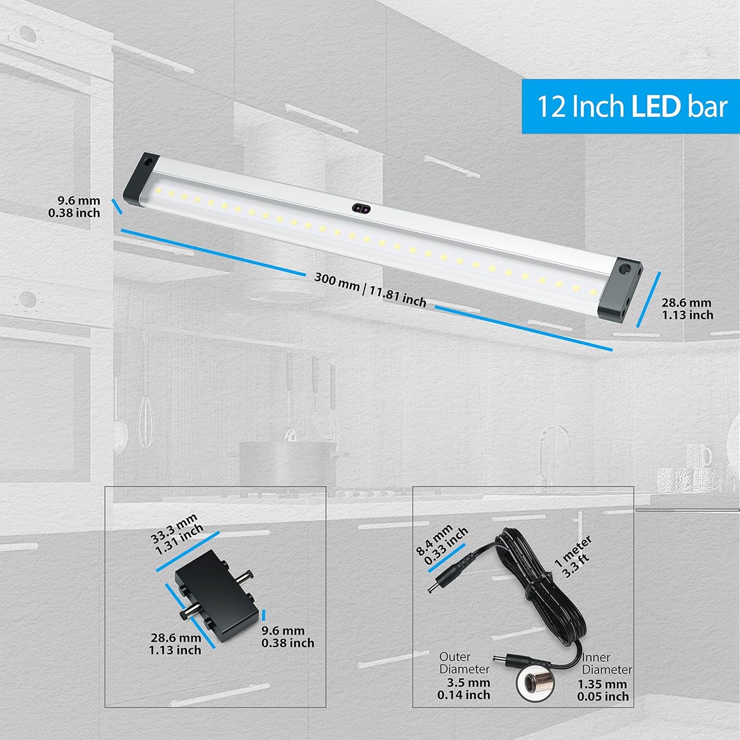 EShine 12 inch LED Dimmable Under Cabinet Lighting Strip with Hand Wave Motion Sensor, Black, with Accessories (No Power Supply Included), Cool White (6000K)