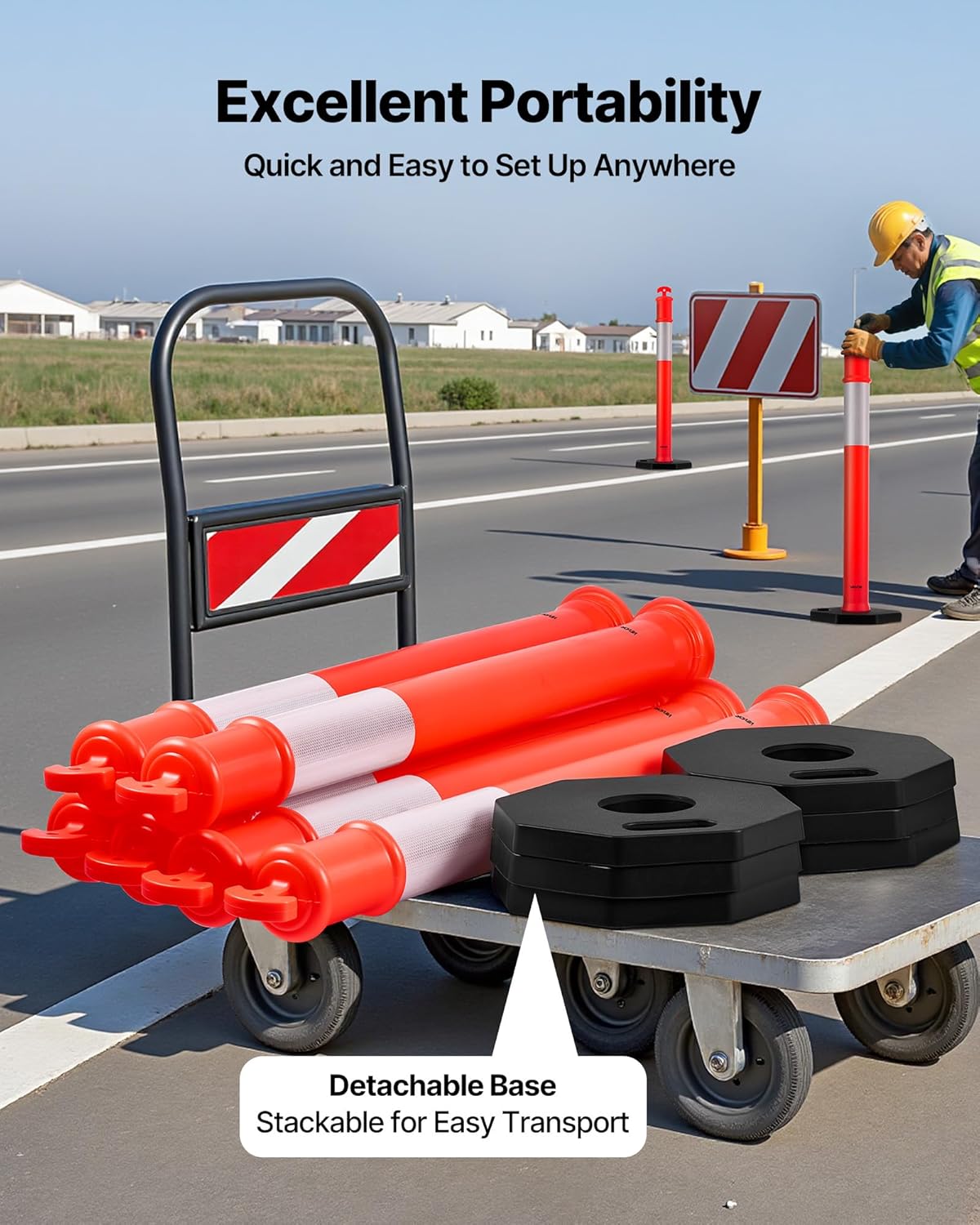 VEVOR 12 Pack Traffic Delineator Posts, 48 inches Traffic Safety Cones with Weighted Base and Reflective Strips, Heavy Duty Delineator Posts for Construction Site, Parking Lot, Crowd Control, Red