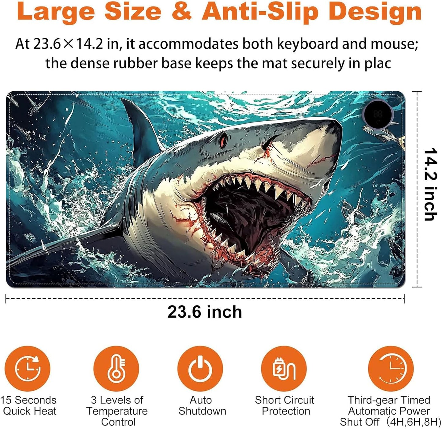 Small Heated Desk Pad 23.6" x 14.2" – Compact Electric Mouse Pad with 3 Heating Levels, Auto Shut-Off, Waterproof PU Surface, Plug-in Warmer for Office or Home Use, Angry Shark