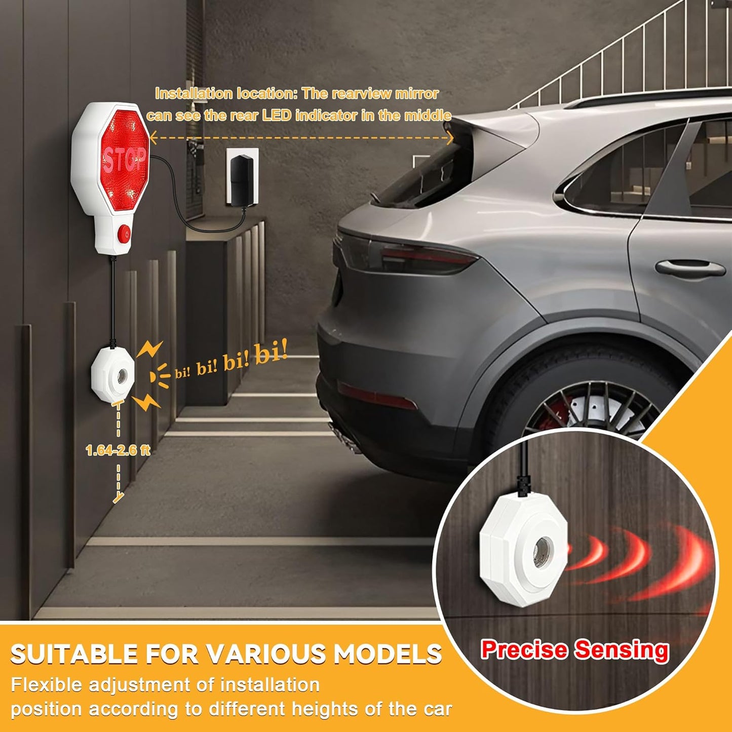 Adjustable Garage Parking Sensor Aid with with Red/Yellow/Green LED Display, Garage Parking Aid Set Stop Distance 6"–6 ft, Battery (Not Included) or USB Powered, No-Drill Installation(White)