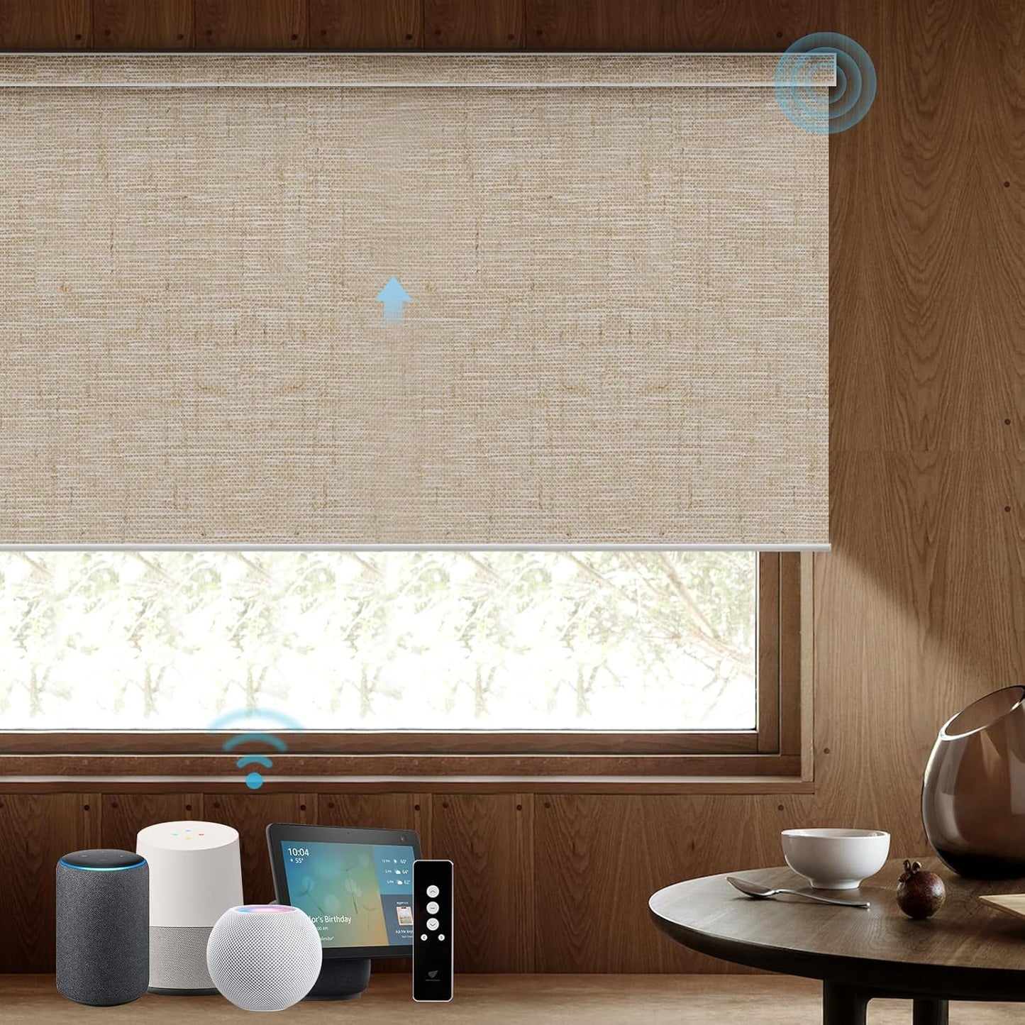 SmartWings Motorized Roller Shades Work with Homekit, 100% Blackout Smart Blinds for Windows, Cordless Remote Control Window Shades, Linen Caramel, Customized Size