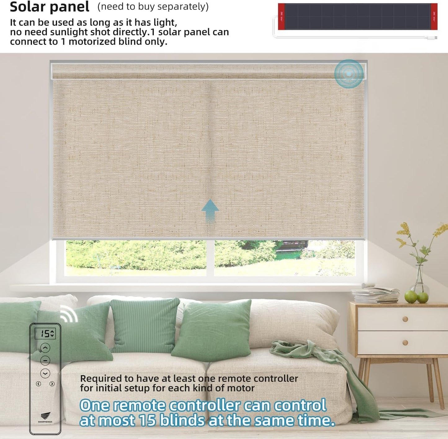 SmartWings Motorized Light Filtering Shades, Work with Matter Homekit Alexa Google, 70% Blackout Shades Translucent, Cordless Window Shades with Remote Rechargeable, Up 110" W x 148" H, Linen Caramel