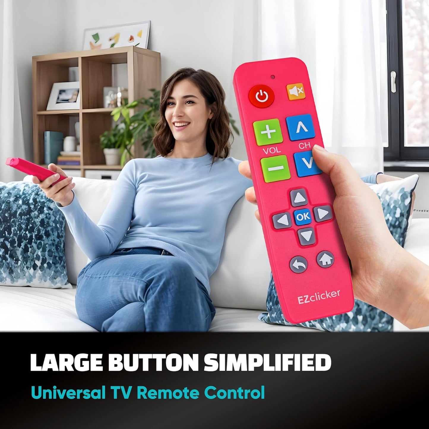 Plus Big Button Universal TV Remote (Pink) Simple Easy to Use, Works with Major TV Brands (2xAAA Batteries Not Included)