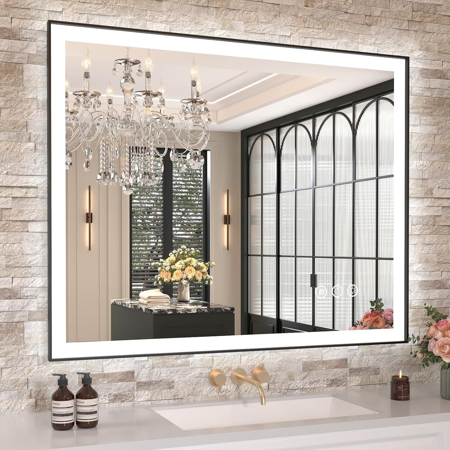 Amorho LED Bathroom Mirror, 40"x 32" Front Light and Backlit(Controlled Separately), Black Frame, Stepless Dimmable, Anti-Fog, Shatter-Proof, 3 Colors, Memory