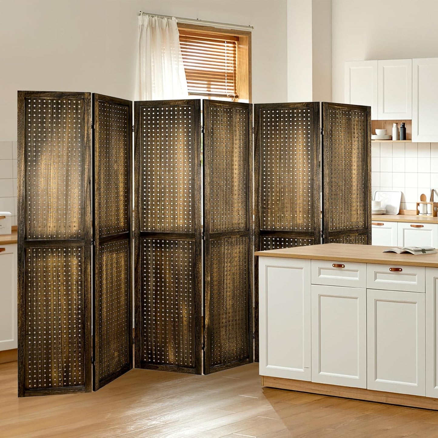 Babion 6 Panel Pegboard Display, Peg Board Room Divider Freestanding Folding Privacy Screens Display Stand for Craft Shows (Brown)