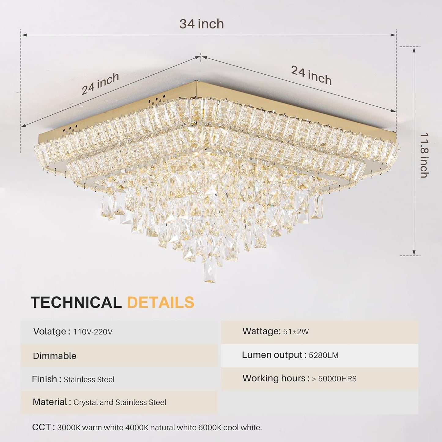 Elegant LED Gold Crystal Raindrop Ceiling Light,24 Inch Square Flush Mount Chandelier with Remote for Living Room Kitchen Island Bedroom Hallway Entryway Foyer (Dimmable)