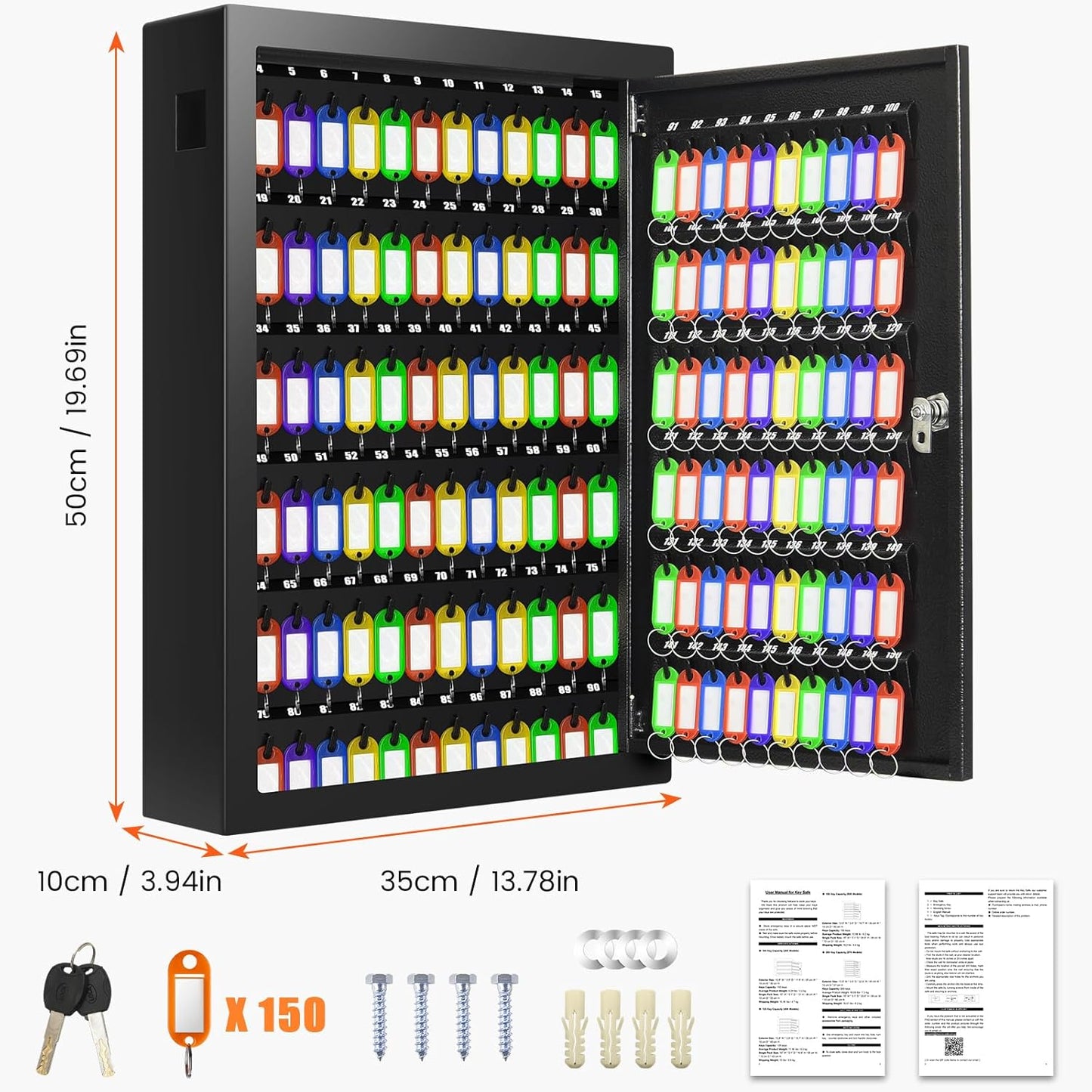 150 Keys Cabinet Organizer Wall Mount, Heavy Duty Key Lock Box with Key Hooks & 150 Tags Key Labels, Security Lockbox for Valets, Hotels, Car, Office Key Management & Storage
