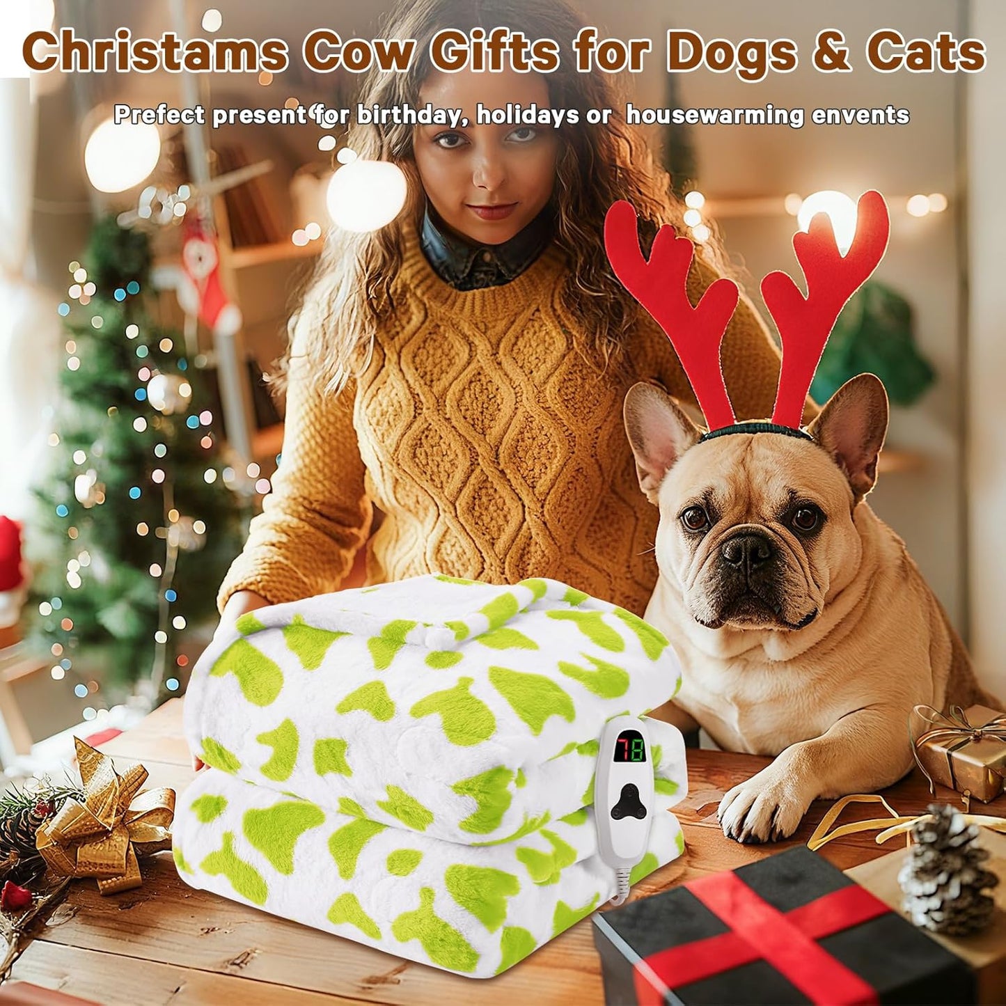 Green Cow Heated Electric Blanket Throw, 50X60 Heating Blanket with 10 Heats Levels & 8 Hours Auto Off, Cute Christmas Yoga Gifts for Women Teen Girls Mom Pets, Home Decor for Living Room Bedroom