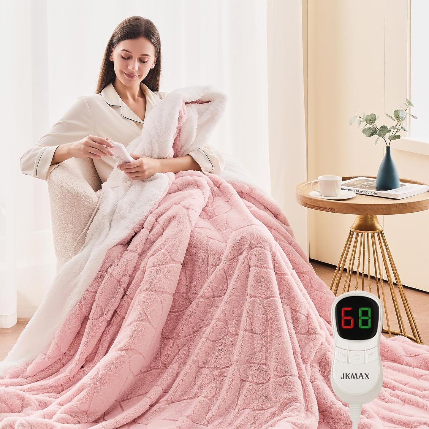 Heated Electric Blanket- Electric Throw Blanket 84"x90" for Bed- Heated Blanket with 5 Heating Levels& 4 Hours Auto Off for Couch Home Office - Soft Faux Fur Heating Blanket for Full Body(Pink)