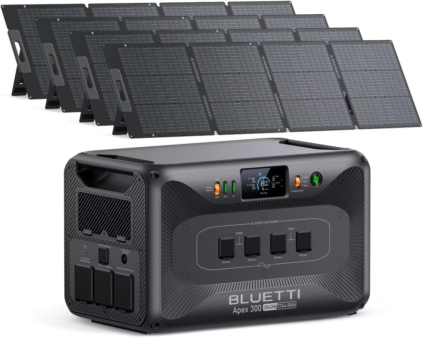 BLUETTI Apex 300 Solar Generator (2025 New) with 4 200W Solar Panels, 2764.8Wh LFP Battery Backup with 6 3840W AC Outlets (7680W Surge), 120V/240V Dual Voltage, Ideal for Camping and Off-Grid Living