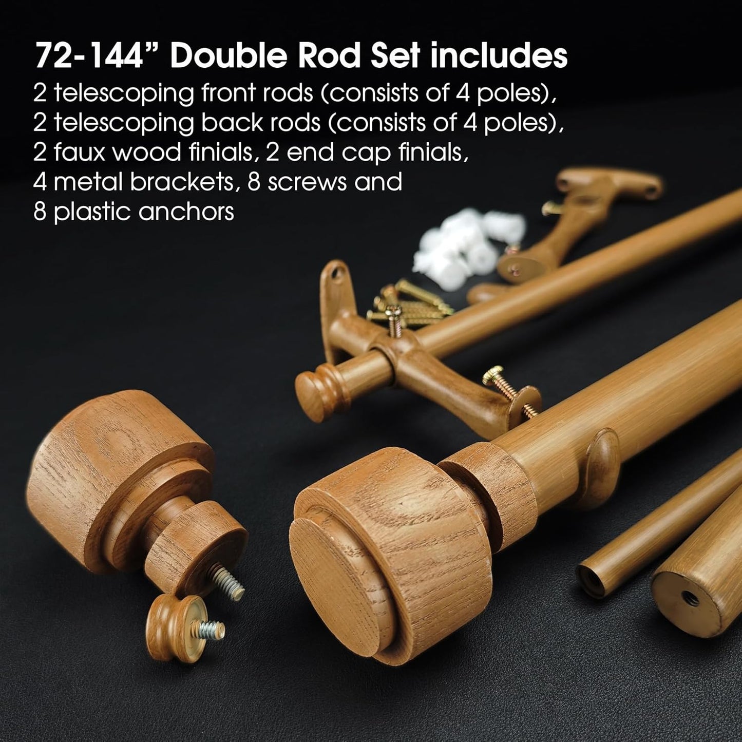 1-1/8 Inch Diameter Faux Wood Curtain Rod with Wood Grain Finials, 72-144 inch Telescoping Double Curtain Rods for window width 68-140 inch, 1 pack