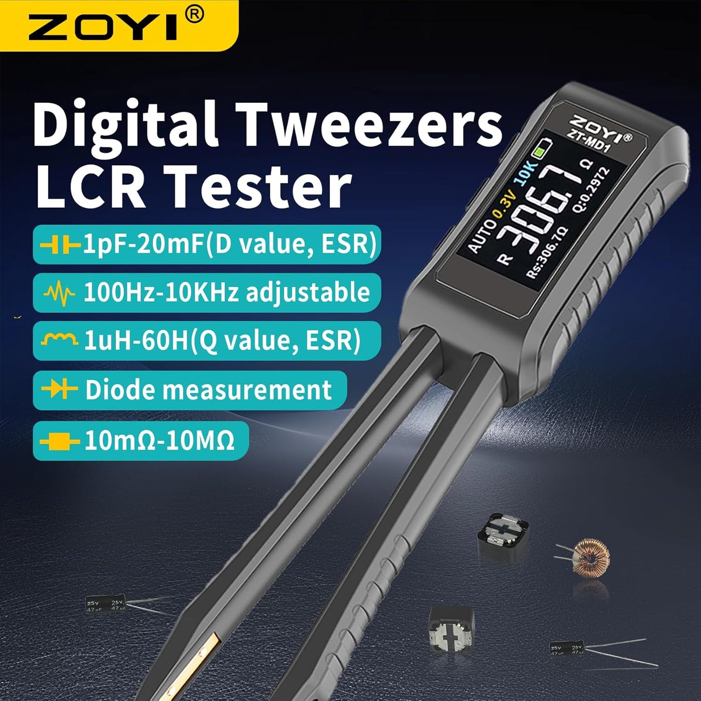 LCR Meter Zoyi MD1 Bridge SMD Test Clip with OLED Display, Auto Identification, 10mΩ-10MΩ Resistance, 1pF-20mF Capacitance, 1uH-60H Inductance, Lithium Battery Powered, Portable for Electronic Repairs