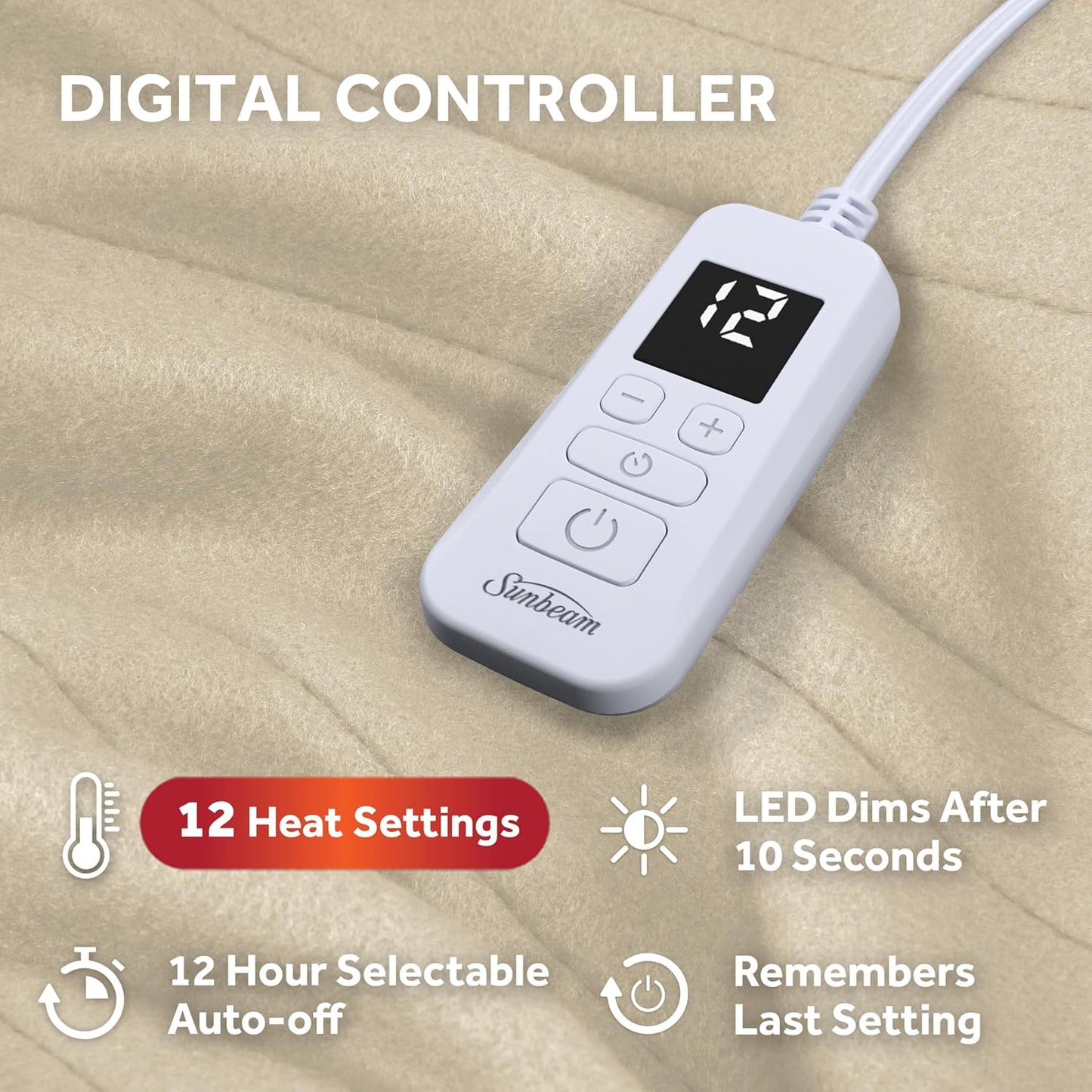 Sunbeam Royal Ultra Fleece Heated Electric Blanket Twin Size, 84" x 62", 12 Heat Settings, 12-Hour Selectable Auto Shut-Off, Fast Heating, Machine Washable, Warm and Cozy, Pebble