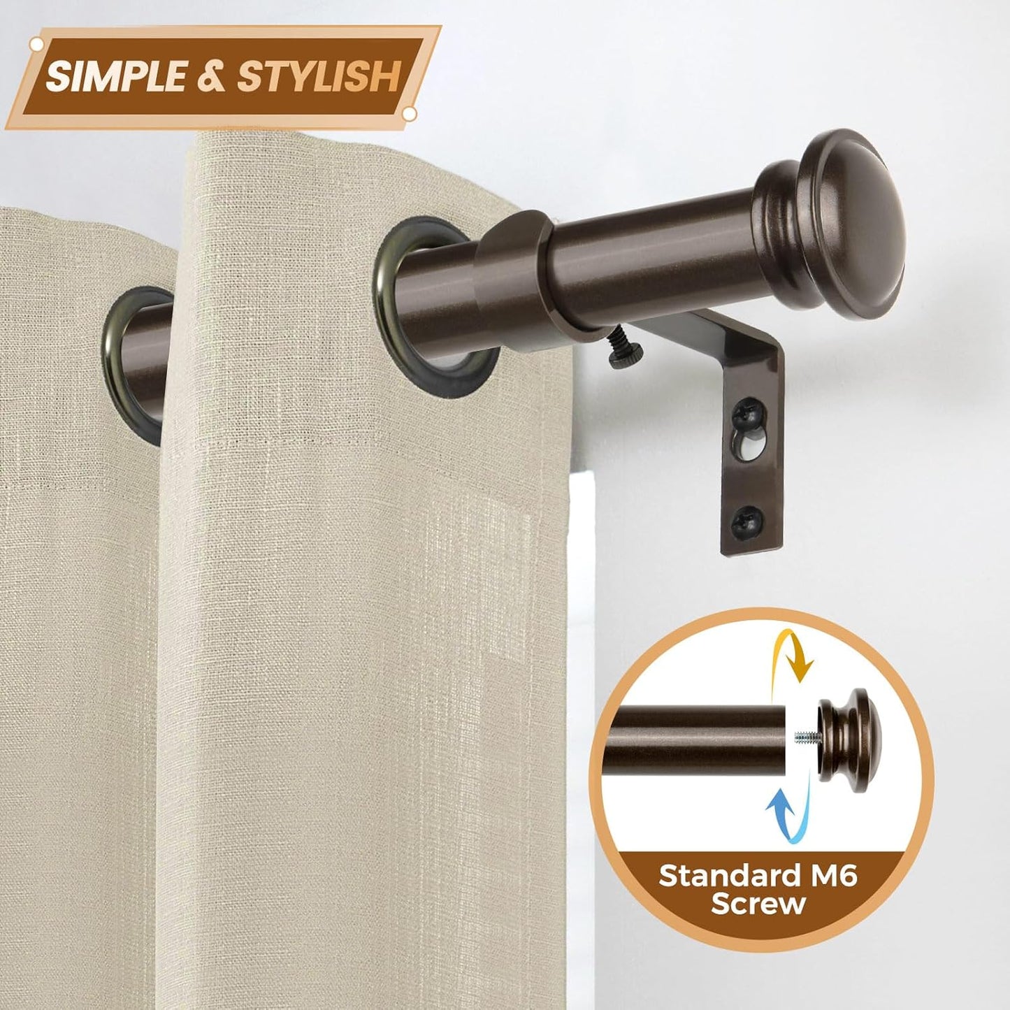 TONIAL Curtain Rod 32 to 115 Inch(2.6-9.6ft), Telescoping Splicing 3/4 Drapery Rods for Windows 83 to 110 Inch(6.9-9.1ft), Decorative Single Rod with Small Cap Finial, Bronze