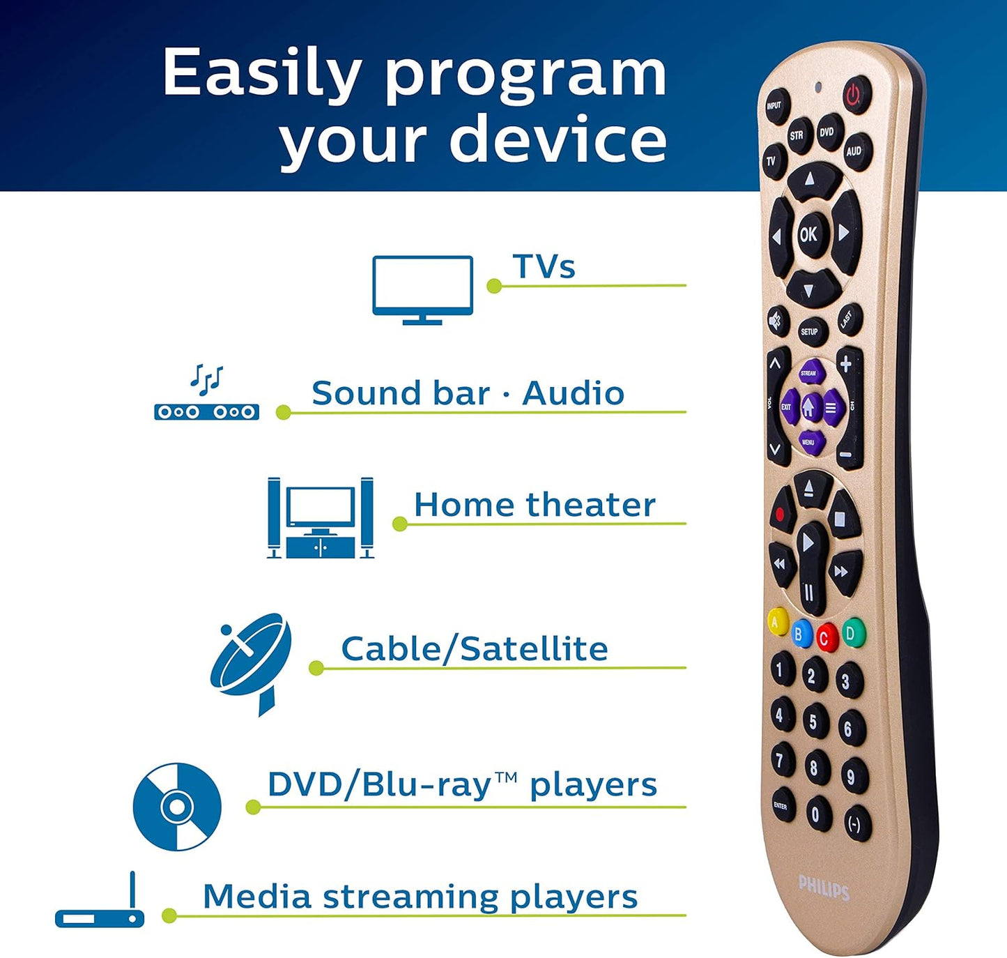 Philips Universal Remote Control Replacement for Samsung, Vizio, LG, Sony, Sharp, Roku, Apple TV, RCA, Panasonic, Smart TVs, Streaming Players, Blu-ray, DVD, Simple Setup, 4 Device, Gold, SRP2014C/27