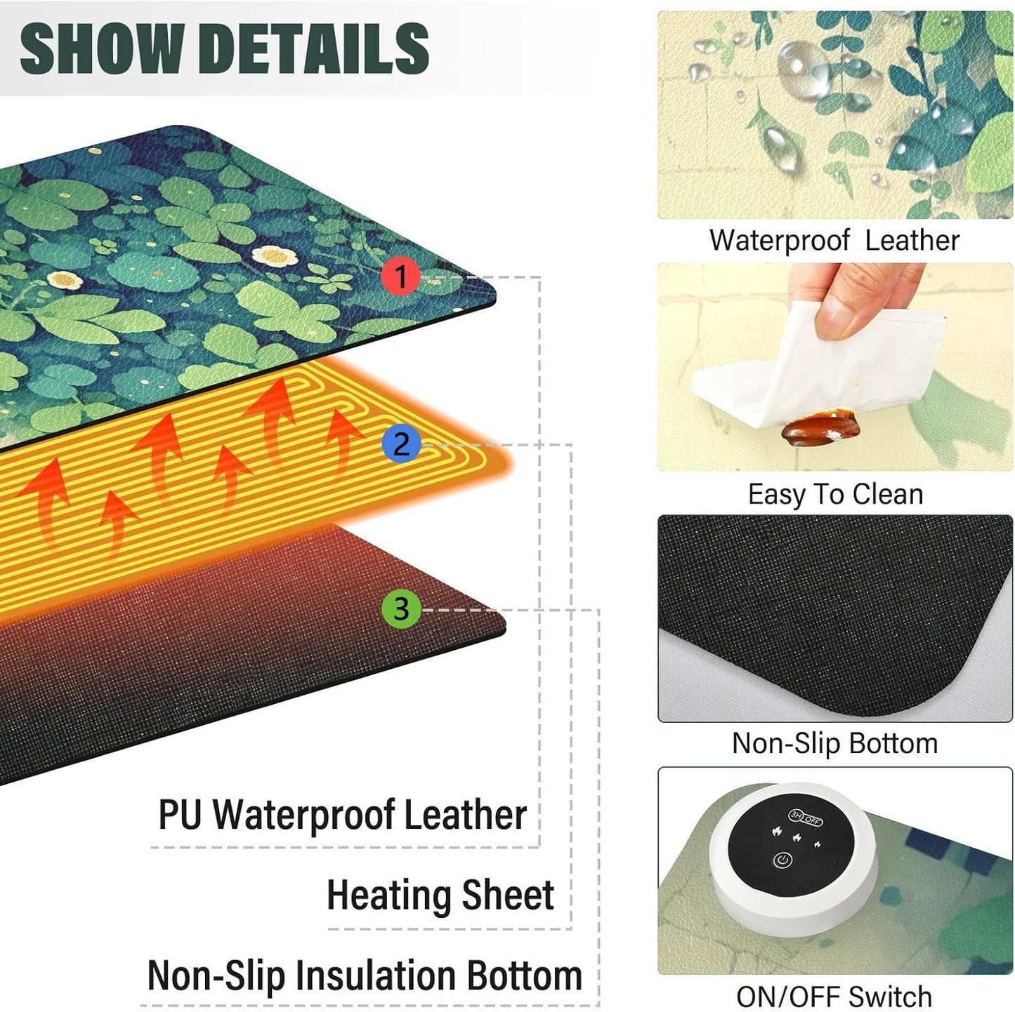 Large Heated Mouse Pad,Leather Desk Mat,31.5"x13",Hand Warmer Pads for Desk,Leaf(Green)
