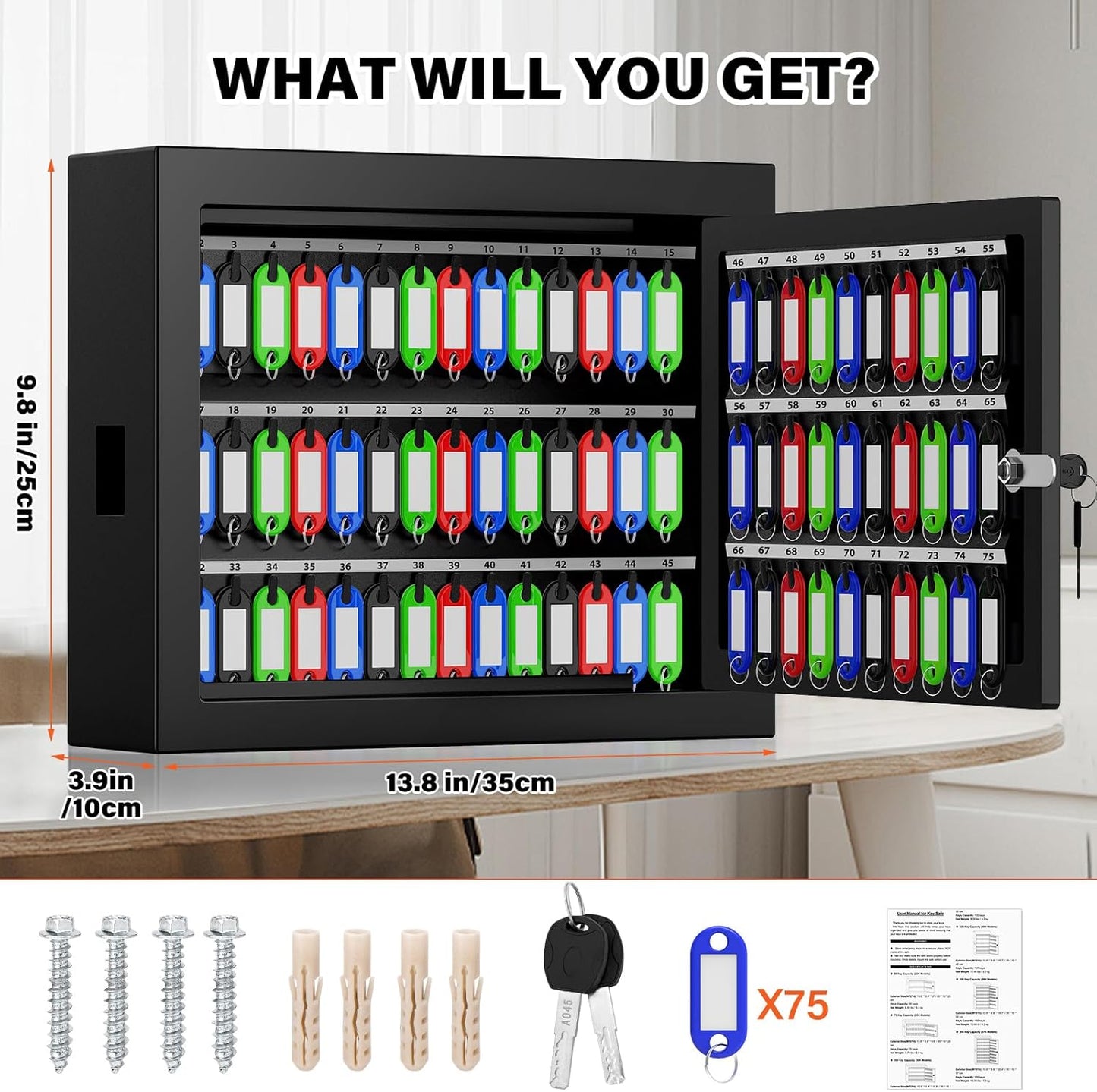 75 Keys Key Lock Box Wall Mount with 75 Colored Key Tags, Anti-Theft Key Box Key Cabinet with Side Opening, Key Organizer Key Safe for Home Office Garage Rental Business