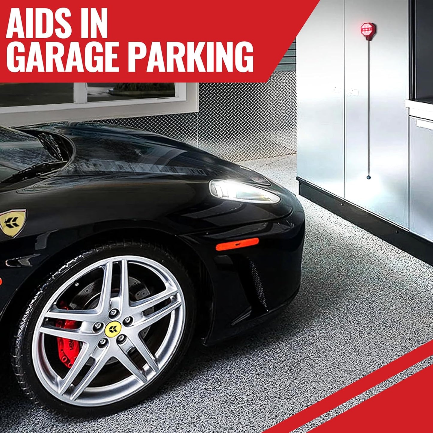 STKR Garage Parking Sensor – Adjustable Ultrasonic Car Stop Assistant with Red/Yellow/Green LED Display – Set Stop Distance 6"–6 ft – Battery or USB Powered – Easy Wall-Mount Install – Dark Grey