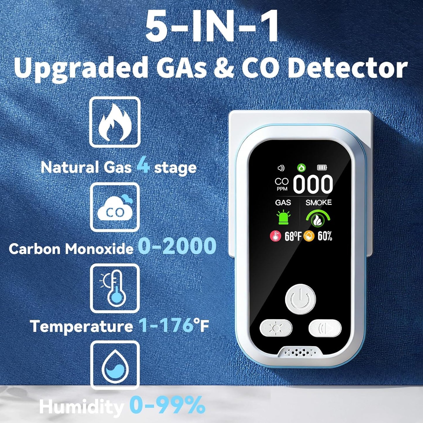 5 in1 Carbon Monoxide Detector Combo with HD Screen Monoxide Alarm, Detects CO, Natural Gas, Smoke, Temperature, and Humidity for Home, Apartment, Hotel, Camping RV Safety Gifts Idea