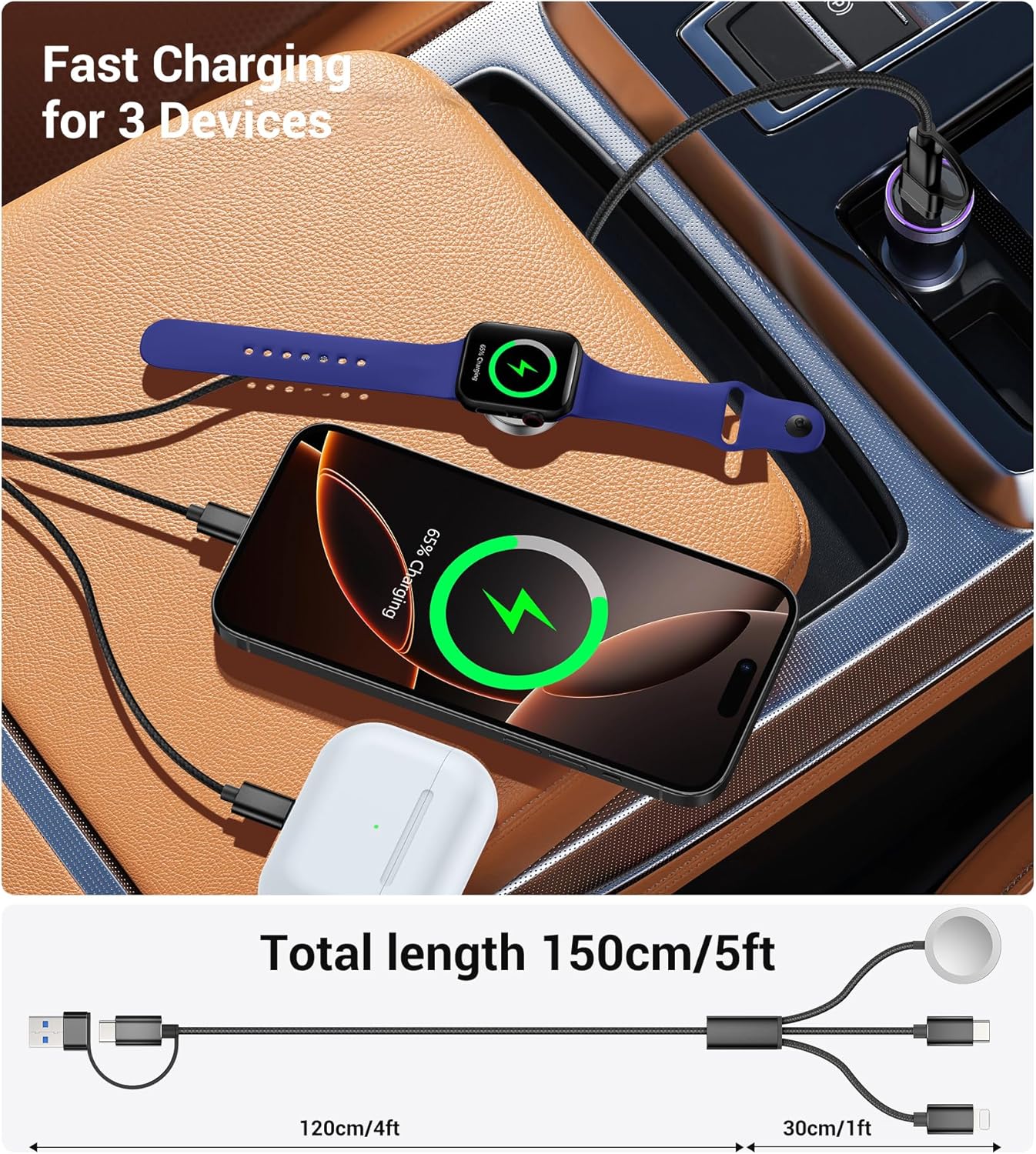 Temdan 2Pack for Apple Watch Charger, 3 in 2 Multi Charging Cable, iPhone Charger, USB A/Type C/Lightning Cable, Portable Travel Essentials Designed for iWatch Ultra/SE/11-1 & iPhone 17-12/ iPad-5Ft
