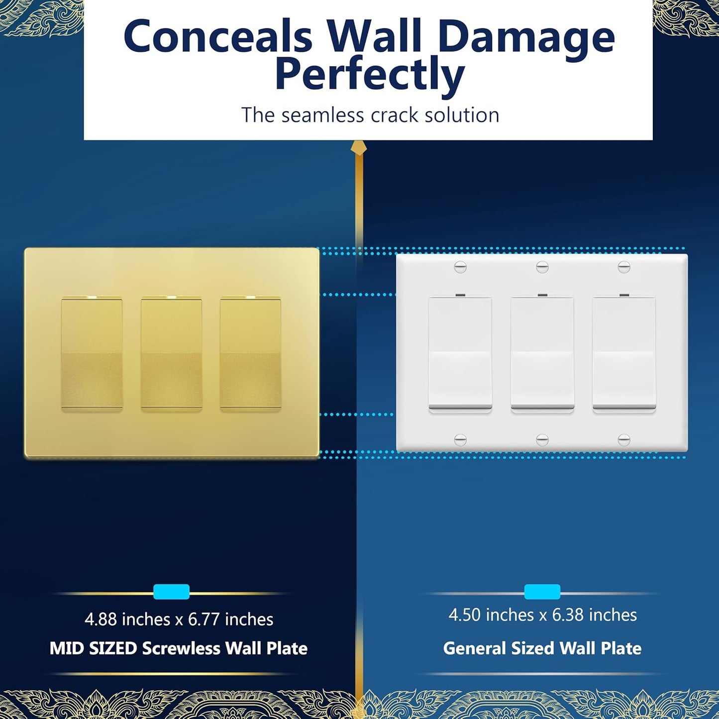LIDER Matte Finish Decorator Switch Cover, Screwless Wall Plate, Mid-Size 3-Gang 4.88" x 6.77", Unbreakable Polycarbonate Thermoplastic, UL Listed, LSWP-33M-GD, Gold
